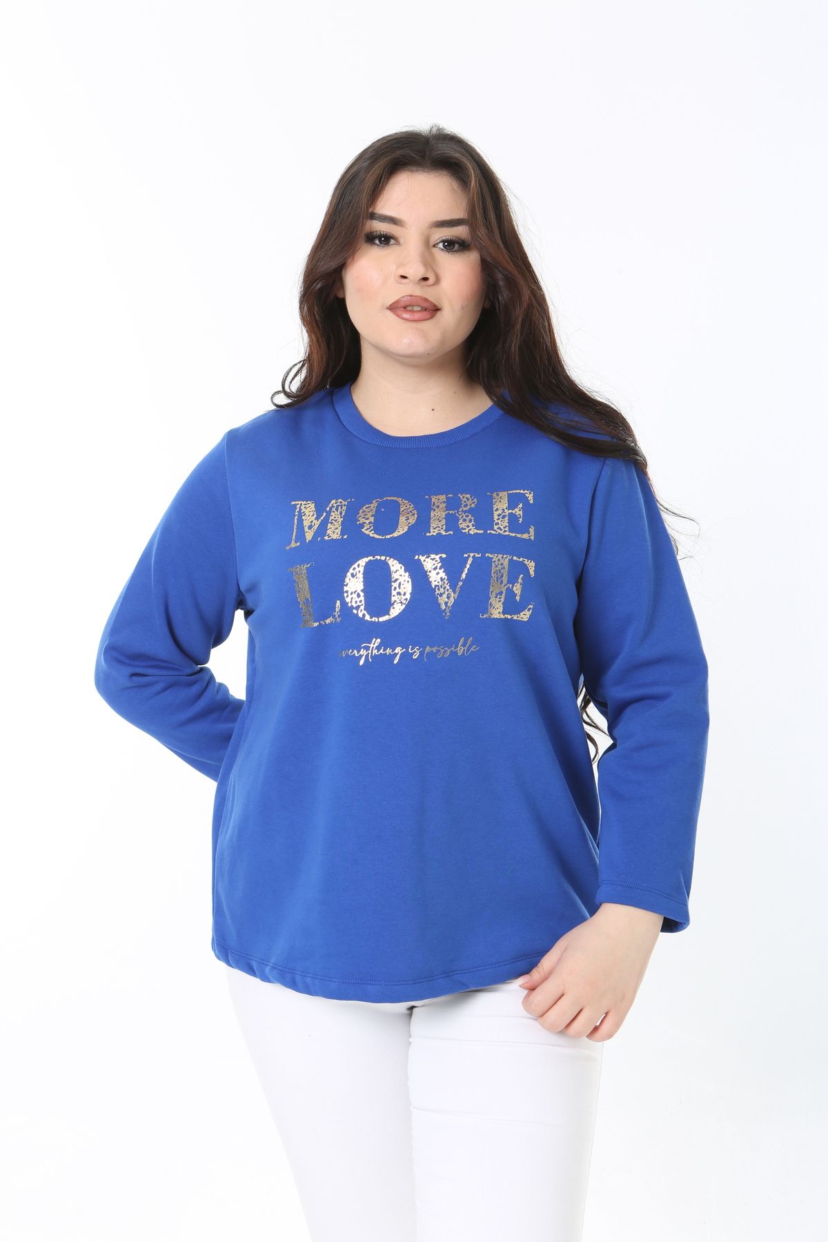 Şans Kadın Büyük Beden Saks Ön Baskılı Sweatshirt 65N38865