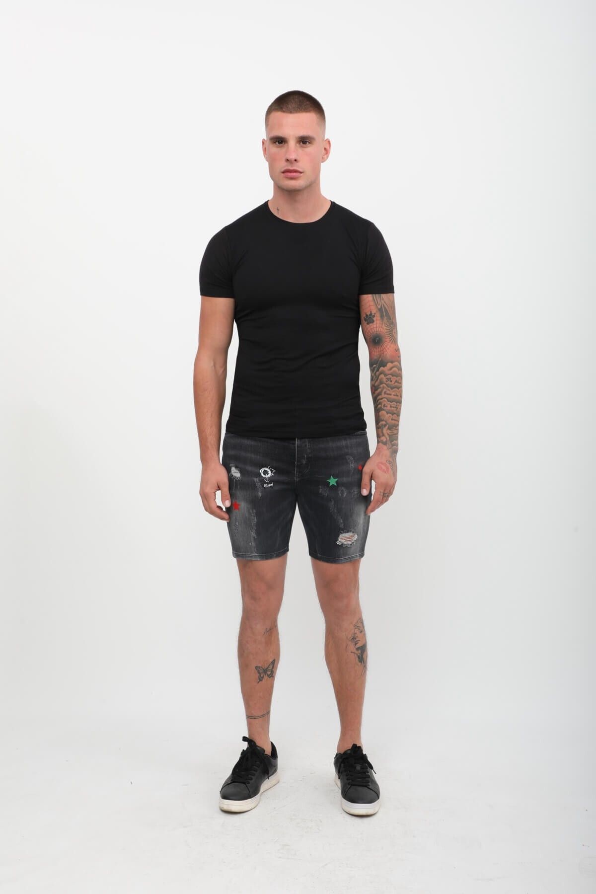 Bluewhite-Men's Print Patterned Jean Shorts Anthracite 3