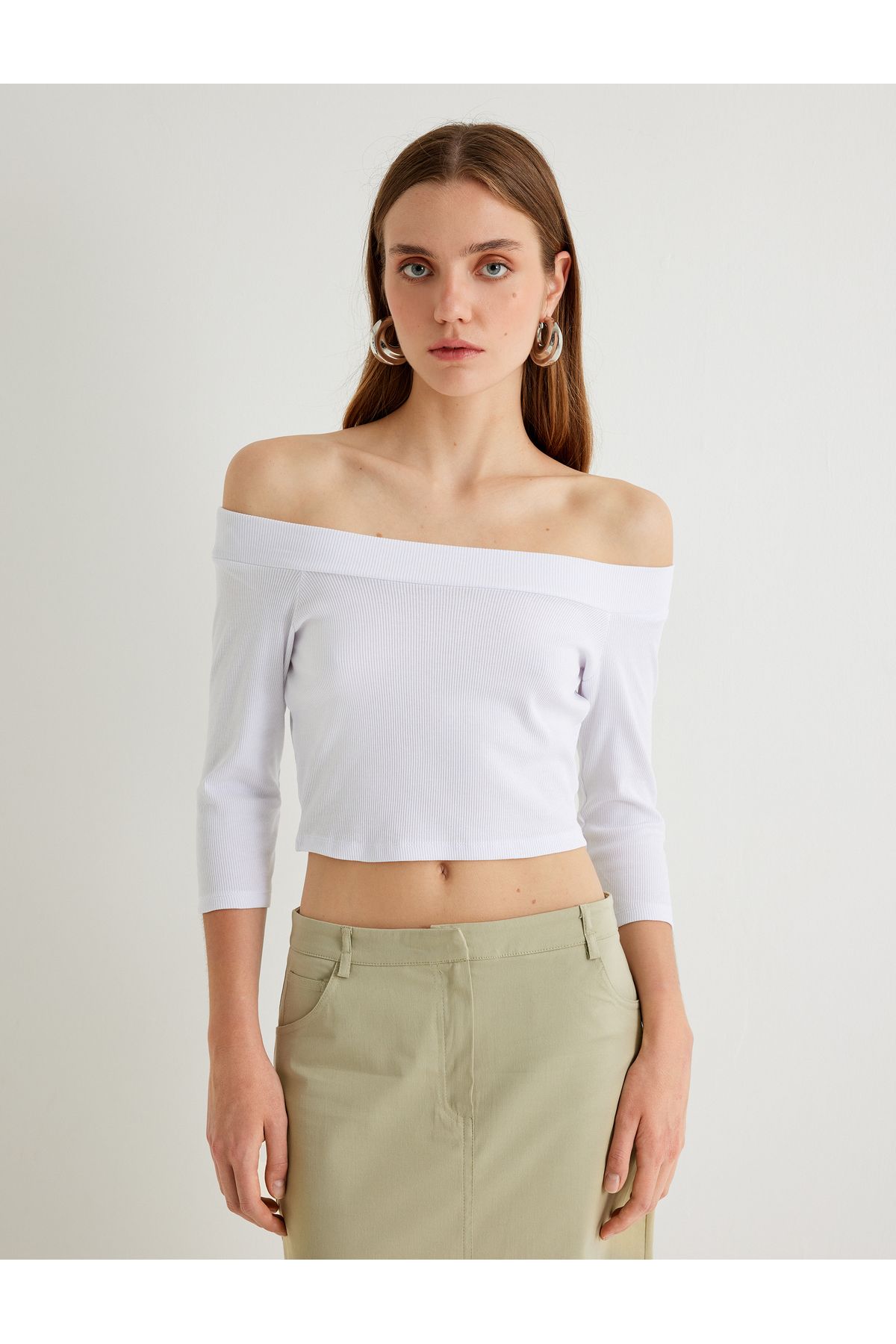 Koton-Νέα σεζόν Koton X Sima Tarkan - Μπλουζάκι με ανοιχτό ώμο Crop T-shirt με μήκος μανίκι βαμβακερό λεπτή εφαρμογή 3