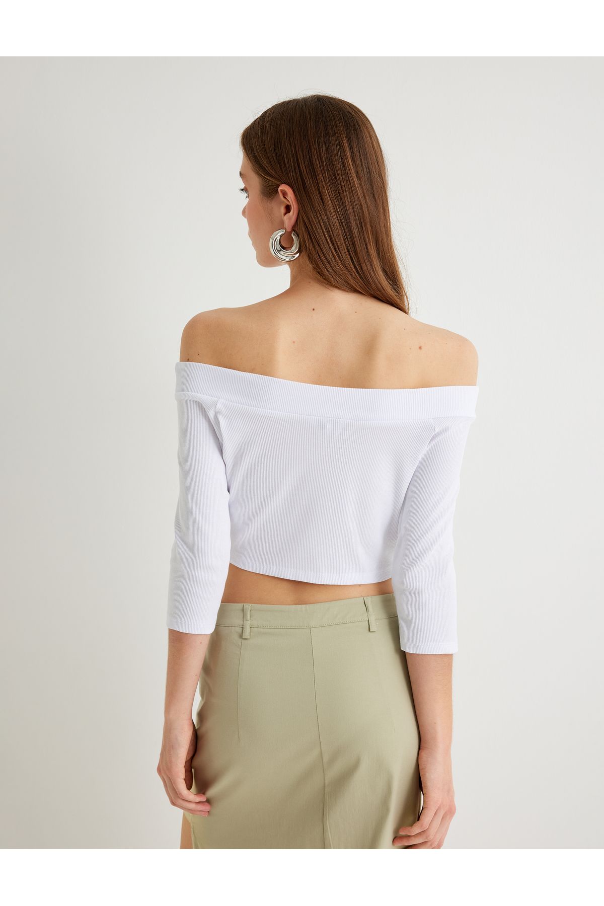 Koton-Νέα σεζόν Koton X Sima Tarkan - Μπλουζάκι με ανοιχτό ώμο Crop T-shirt με μήκος μανίκι βαμβακερό λεπτή εφαρμογή 4