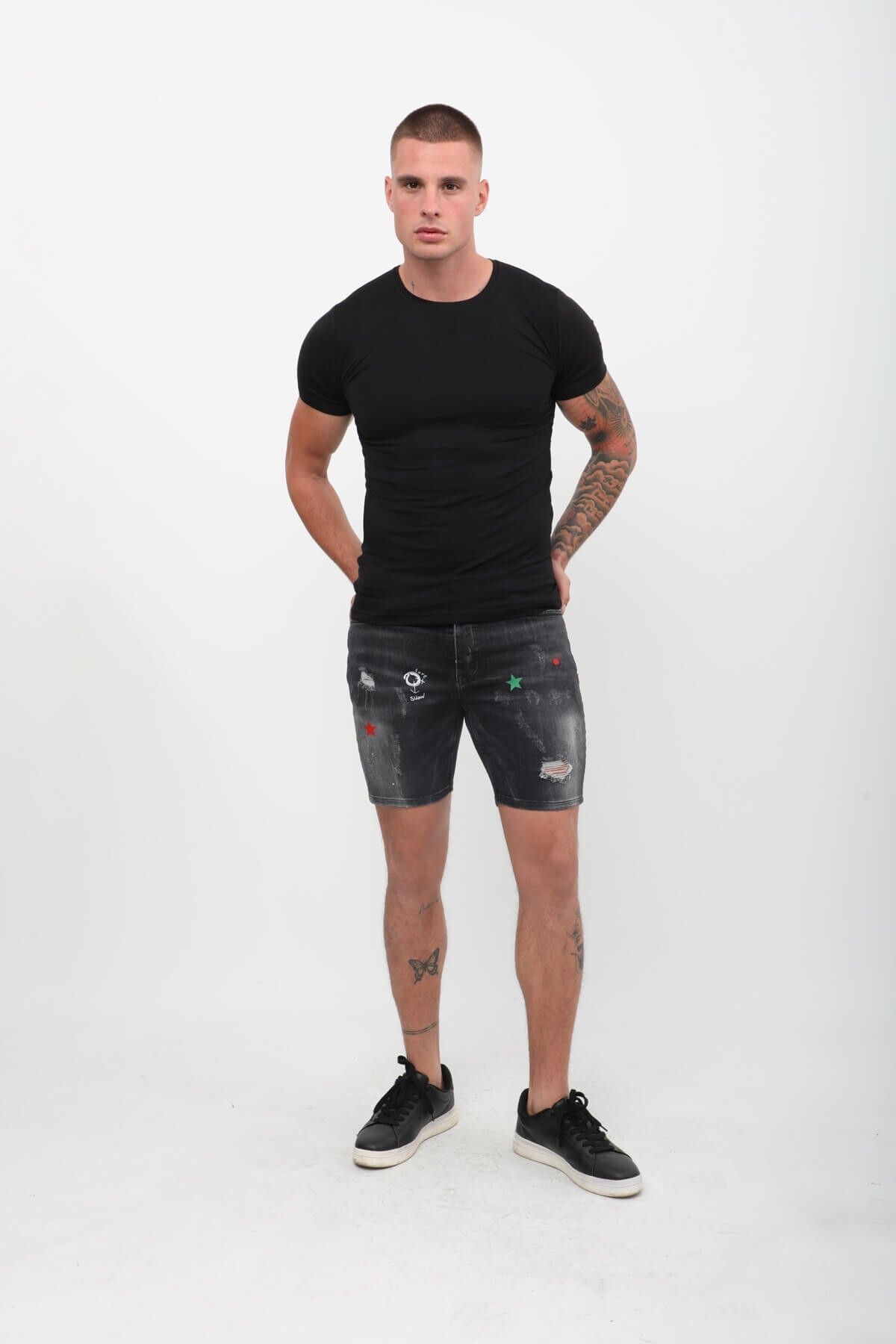 Bluewhite-Men's Print Patterned Jean Shorts Anthracite 2