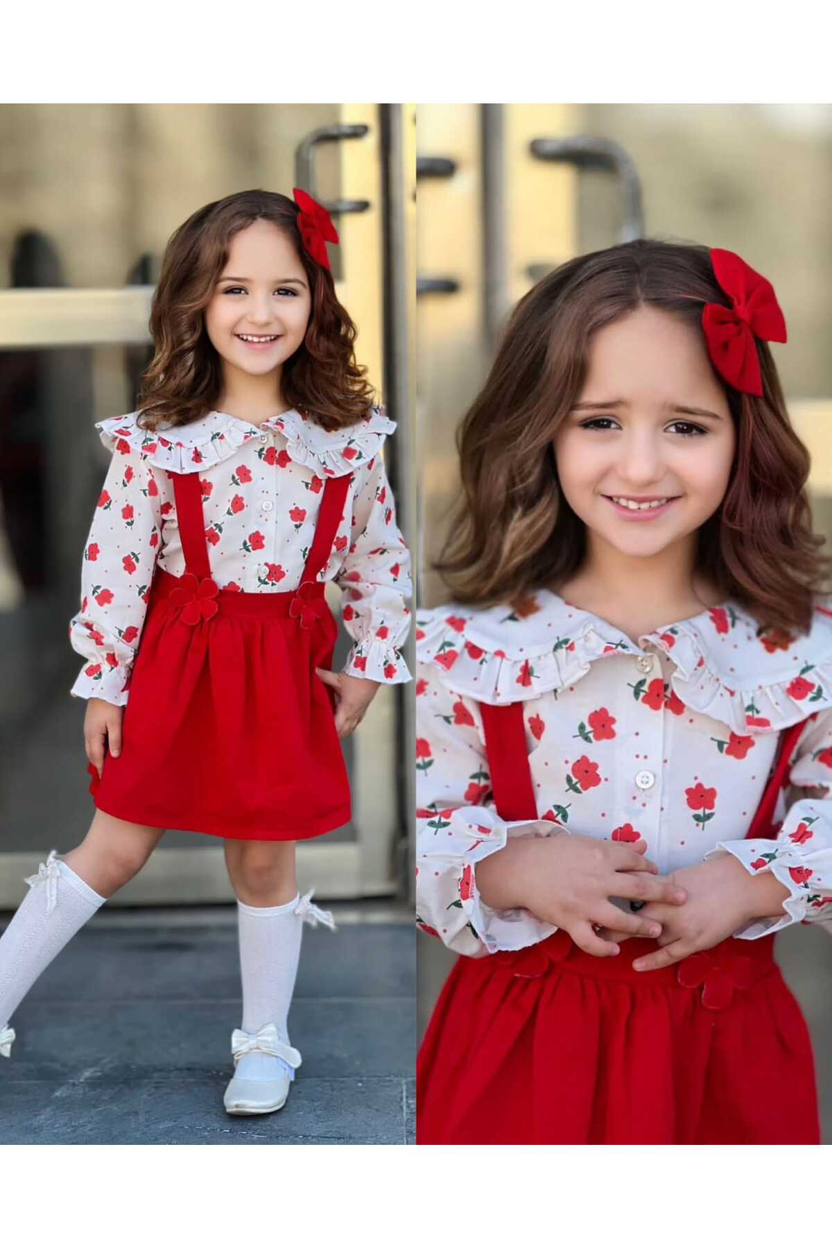 Trend Bebe Butik Kız Çocuk 2’li Takım Askılı Kırmızı Jile Elbise Çiçek Desenli Fırfırlı Gömlek Özel Günler Şık Kombin fotoğrafı 4 (önizleme)
