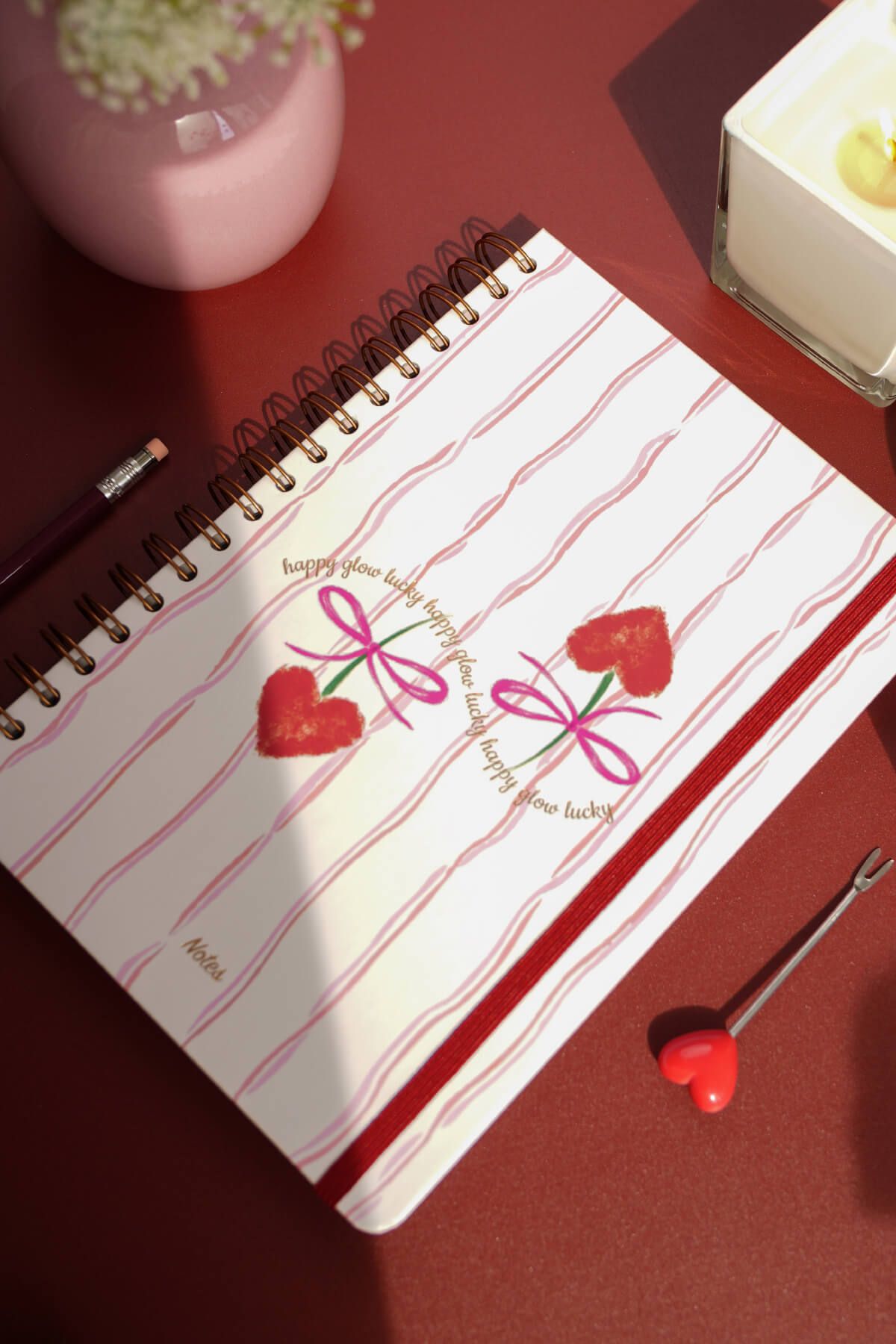 Matt Notebook-B5 17x24 سم دفتر ملاحظات مخطط حلزوني مرن غير مؤرخ بفيونكة الكرز 4