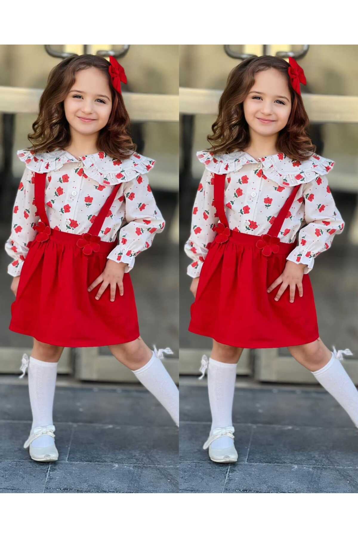 Trend Bebe Butik Kız Çocuk 2’li Takım Askılı Kırmızı Jile Elbise Çiçek Desenli Fırfırlı Gömlek Özel Günler Şık Kombin fotoğrafı 7 (önizleme)
