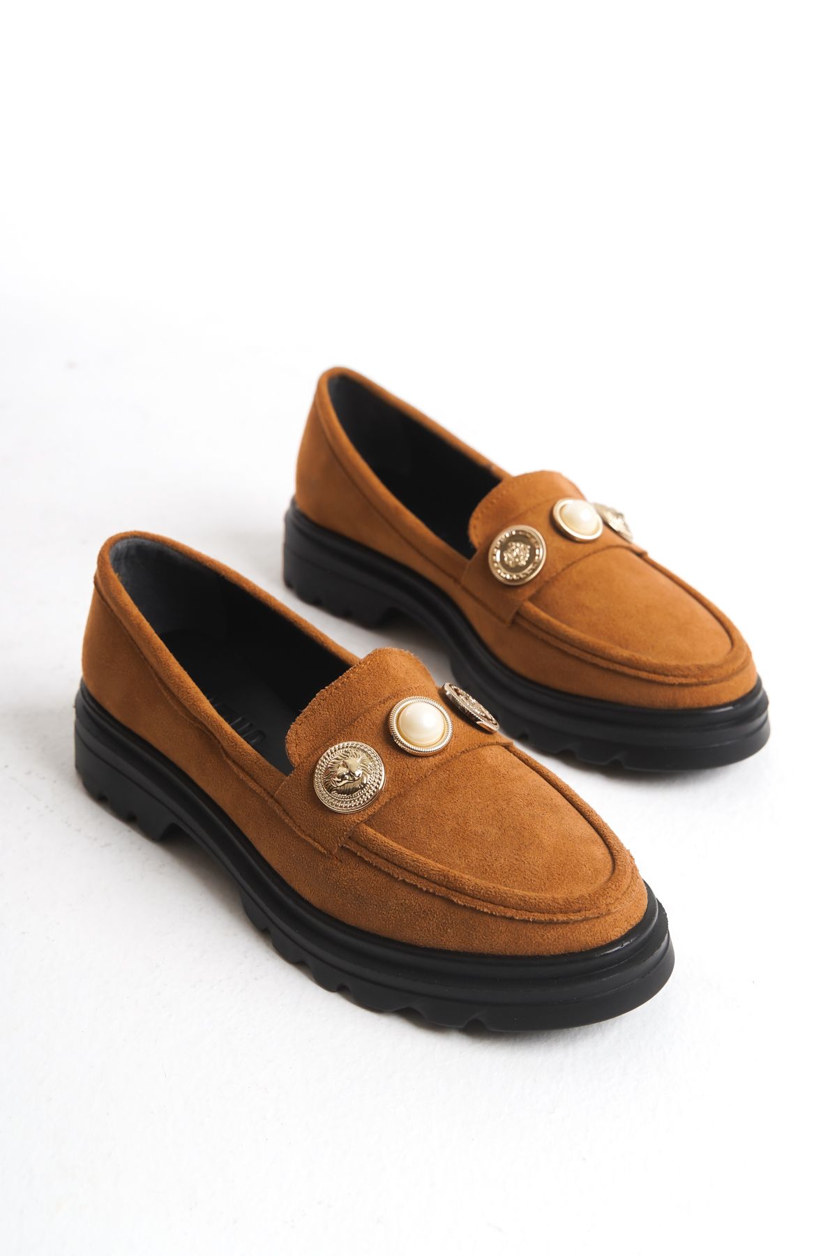 Shoesers Kadın Süet Tasarım Hafif ve Kalın Tabanlı Günlük Casual Oxford, Toka Detaylı Loafer Ayakkabı
