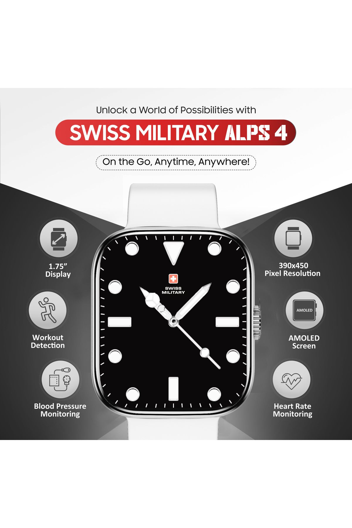 Swiss Military-ساعة ALPS4 الذكية، شاشة AMOLED مقاس 1.75 بوصة، تدعم الاتصال عبر البلوتوث، ومتتبع اللياقة البدنية، ومعيار IP67، وبطارية تدوم حتى 7 أيام، ومتوافقة مع نظامي iOS وAndroid 5