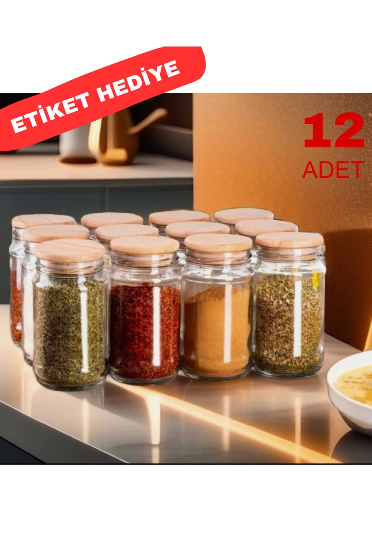 TURQUAZ STORE 12'li Lüx Bambu Kapaklı Cam Baharatlık Takımı / Seti 320 ml ETİKET HEDİYELİ