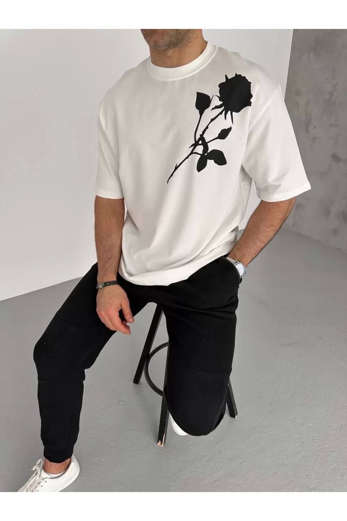 CVS Unisex Bisiklet Yaka Baskılı Oversize T-Shirt - Beyaz