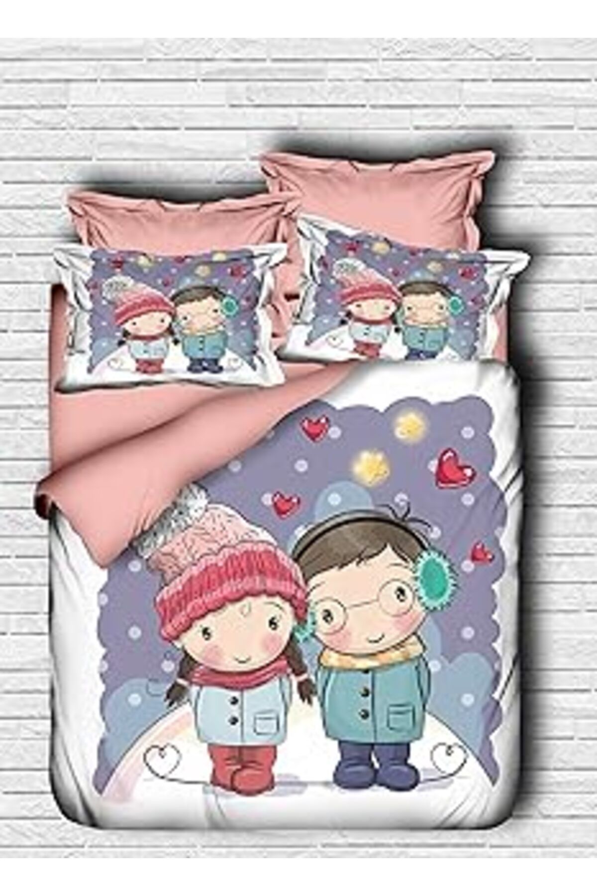 Hepta Collection Çift Kişilik Dijital Baskılı Nevresim Takımı, 3 Parça, Sevgililer Günü Desenli, Pembe-Beyaz