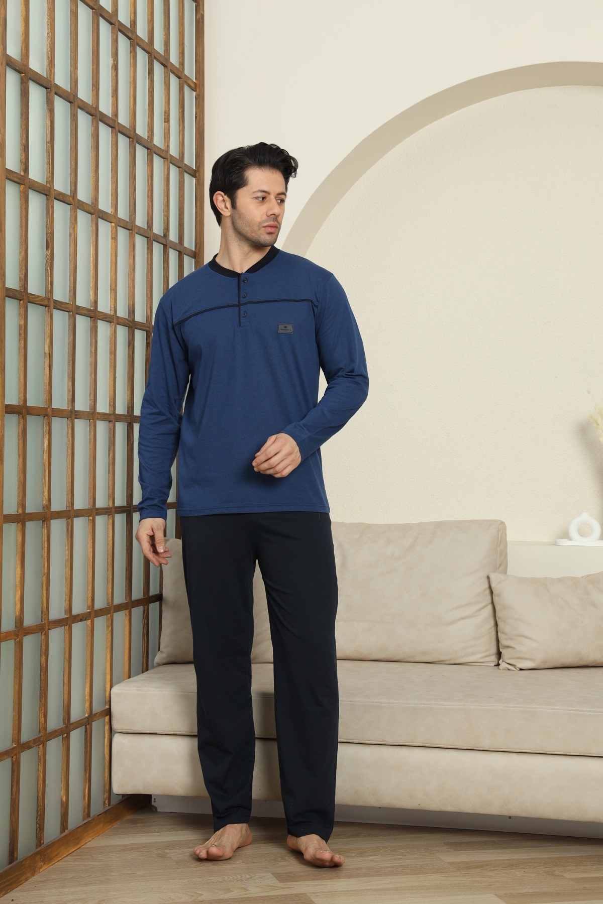 MODAREYA Mevsimlik Uzun Kollu İndigo Renk Patlı Düğmeli Erkek Pijama Takımı görsel 3