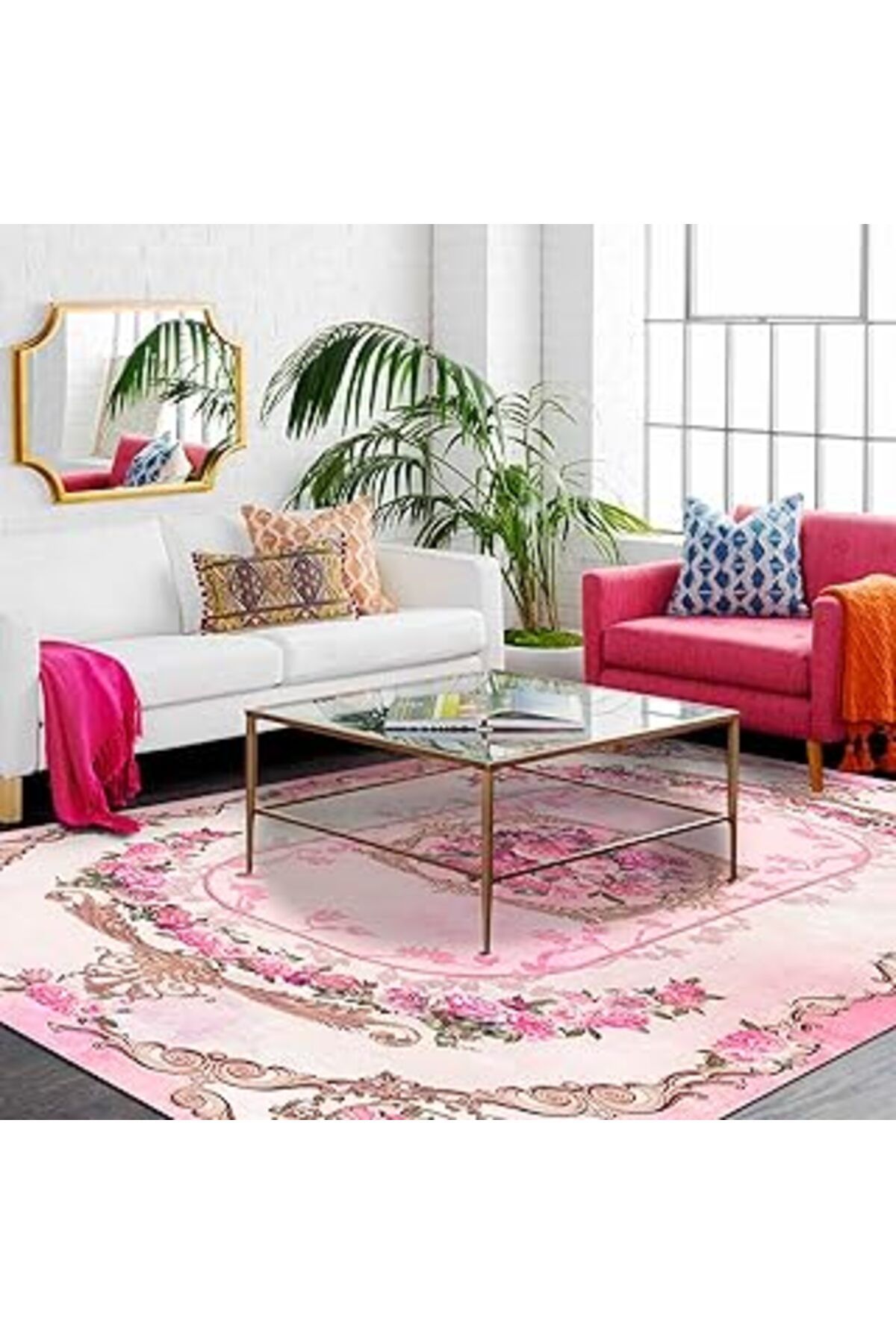 robotrend Latte Dizayn Argemon Desenli Pamuk Tabanlı Yıkanabilen Kaydırmaz Antibakteriyel Salon Halısı 160X23