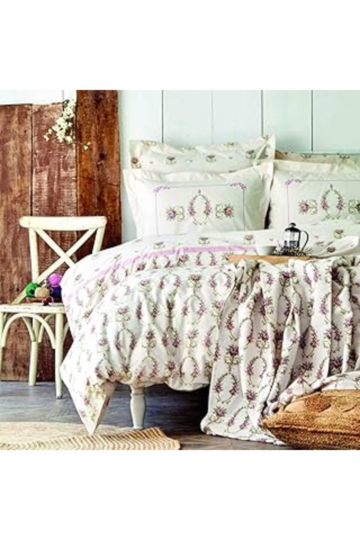 Mu Art Ahşap Karaca Home Alfia Pudra %100 Pamuk Çift Kişilik Nevresim Takımı
