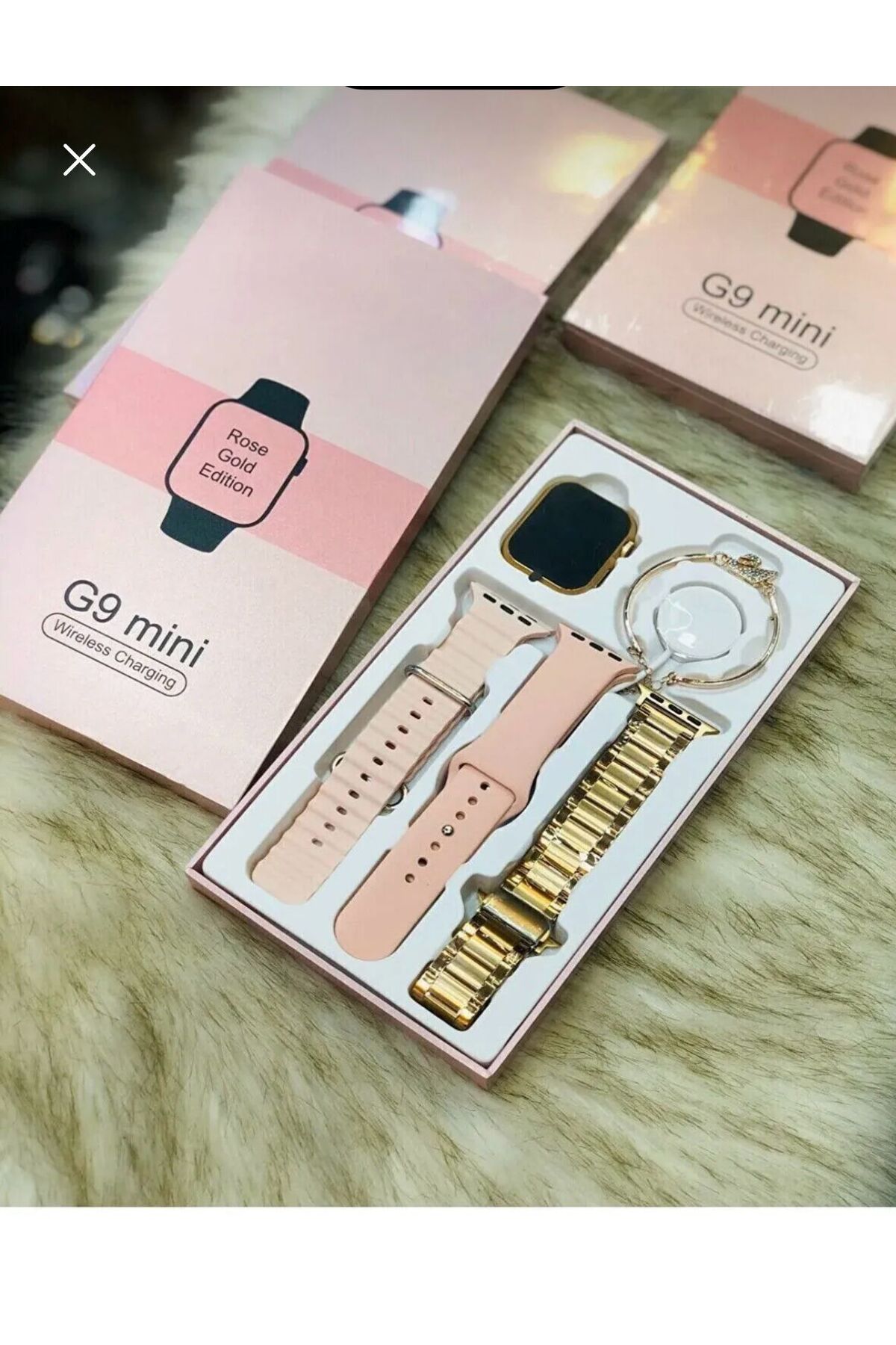 Mini G9  41mm GOLD ROSE  Kadın Akıllı Saat 3 Kordonlu Kuğu  Taşlı Bileklikli Süper WATCH