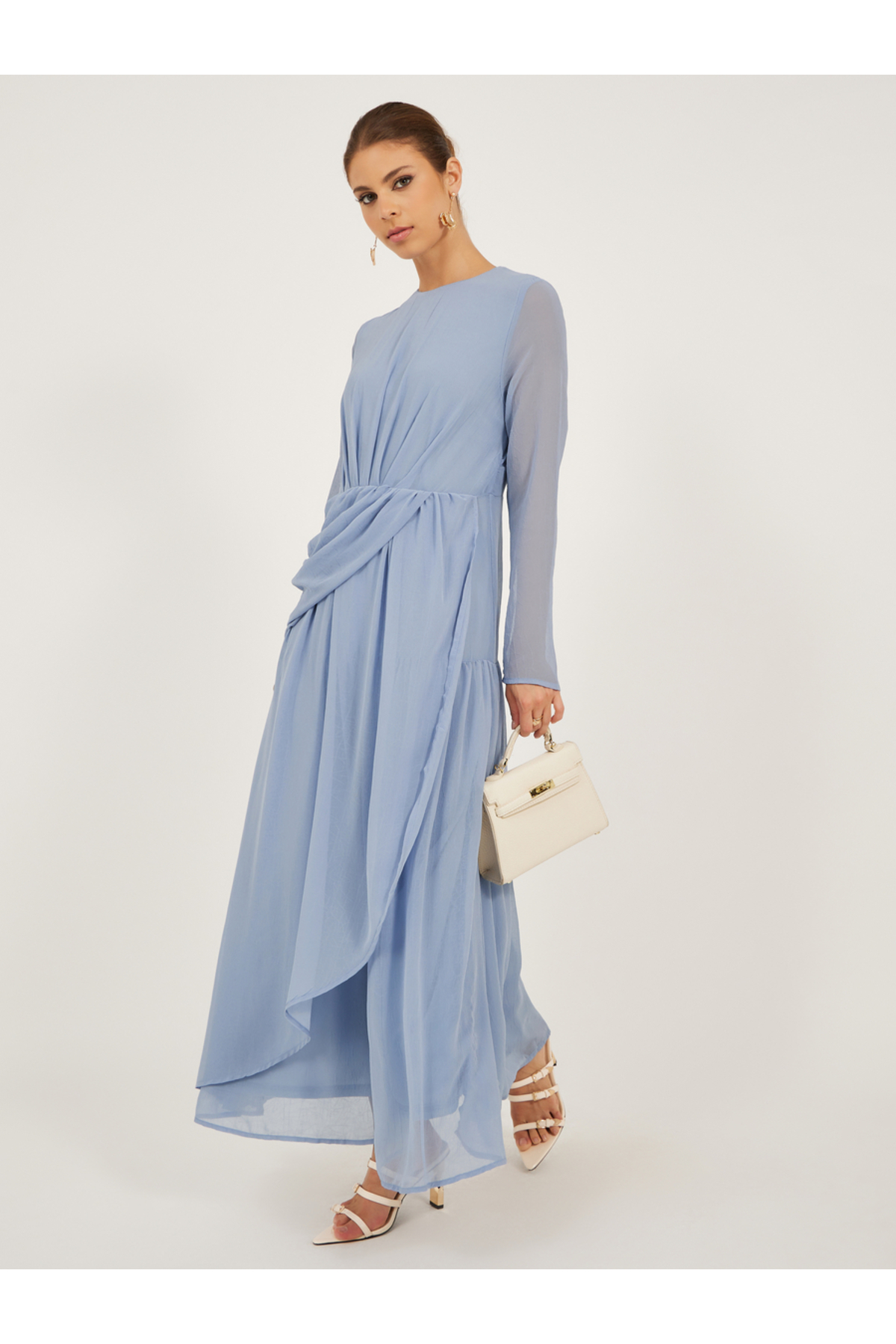 Styli Plain Ruffle Detail Long Sleeves Wrap Maxi Dress