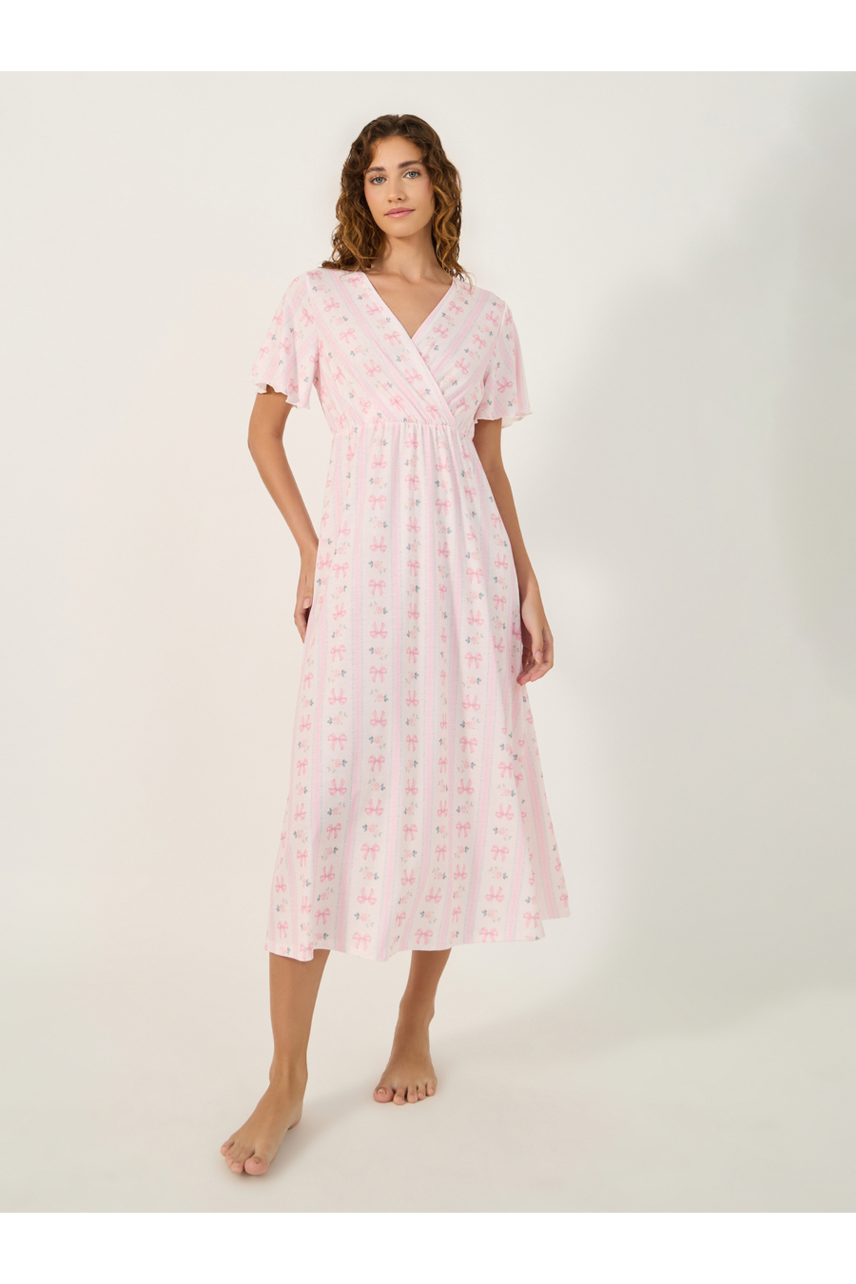 Styli All-Over Bow Print V-Nek Wrap Nightdress
