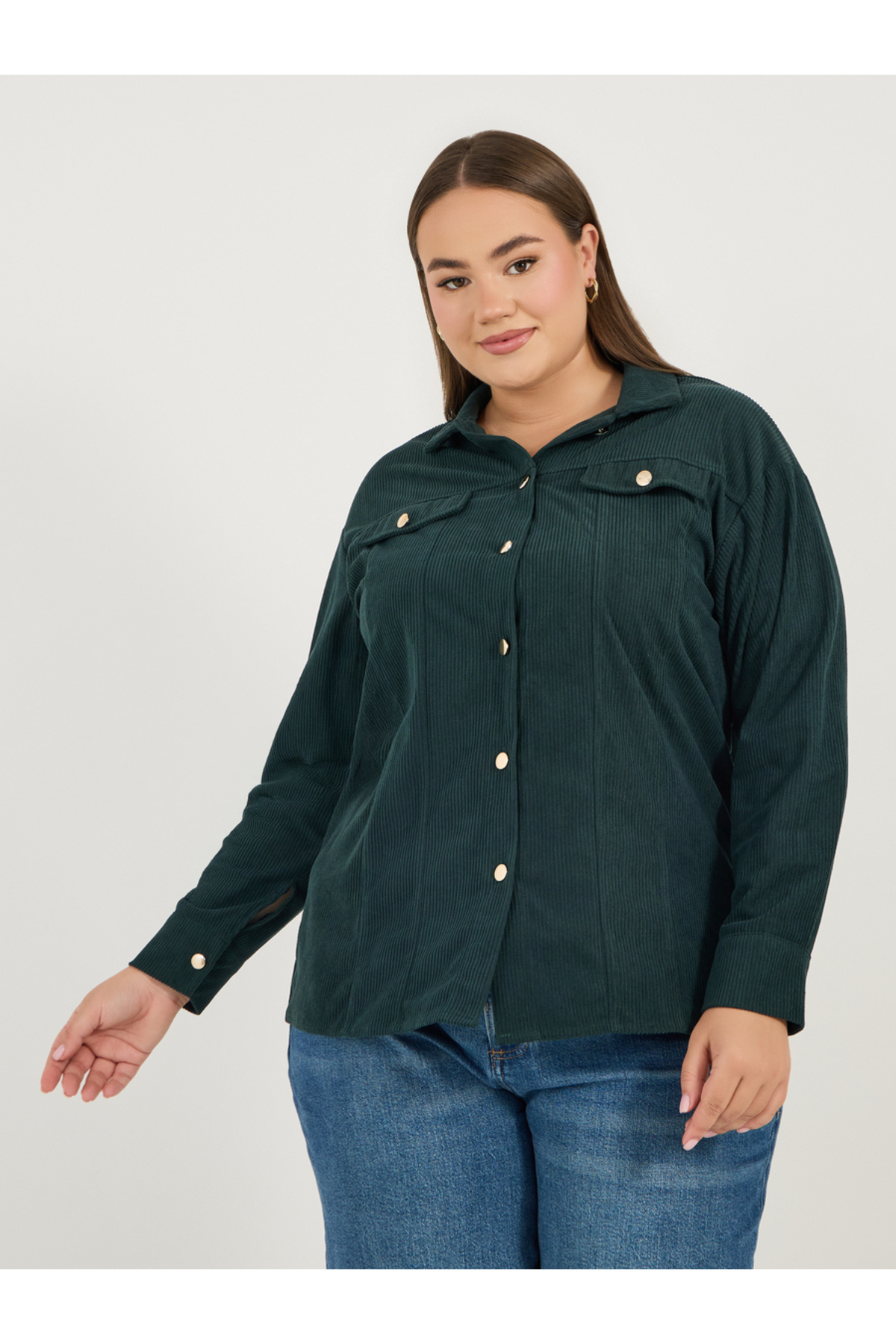 Styli-Plus Size Chest Pocket Corduroy Shirt with Metal Buttons 3