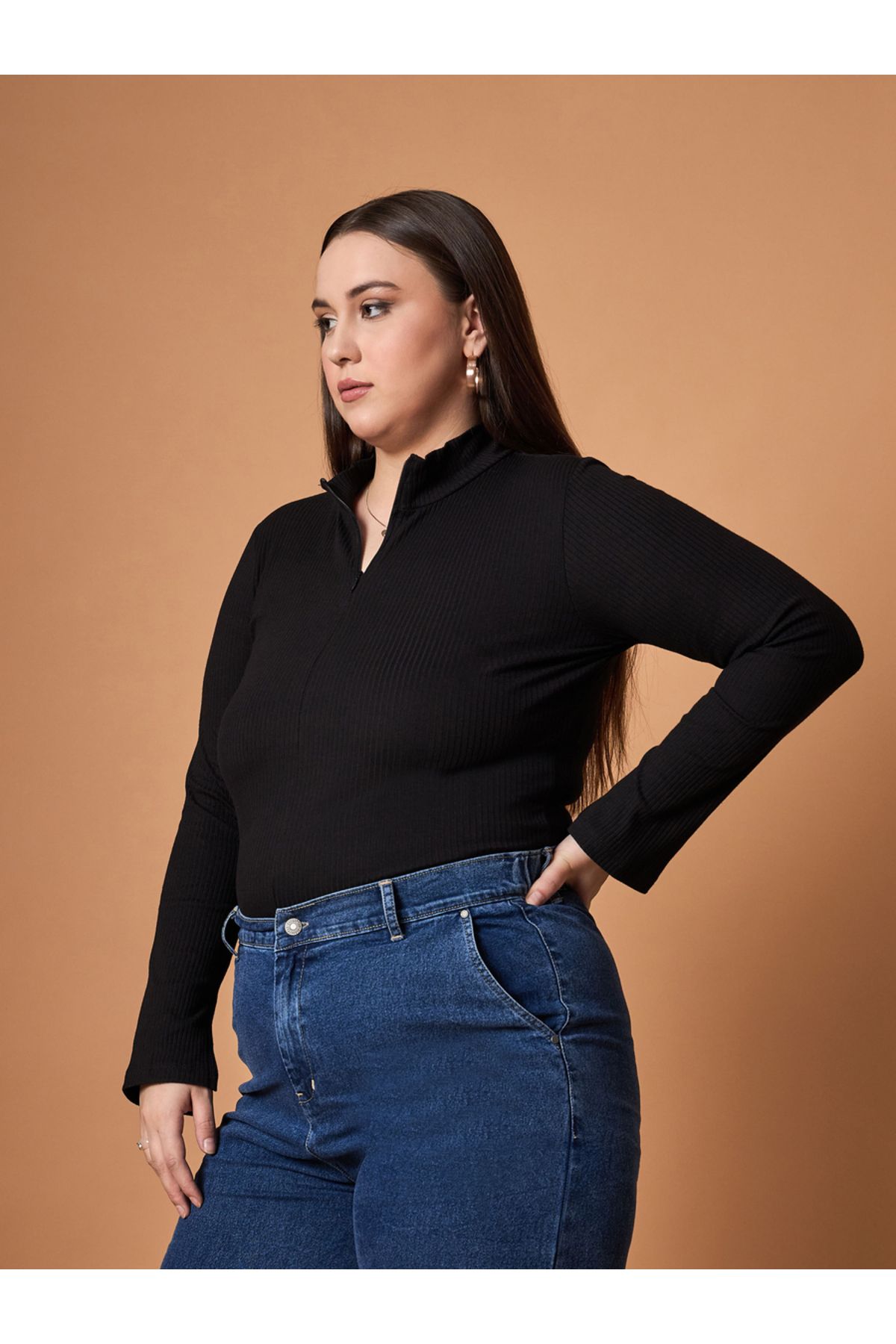 Sassafras By Styli-Plus Size Rib Knit Front Zipper High Neck Top 3