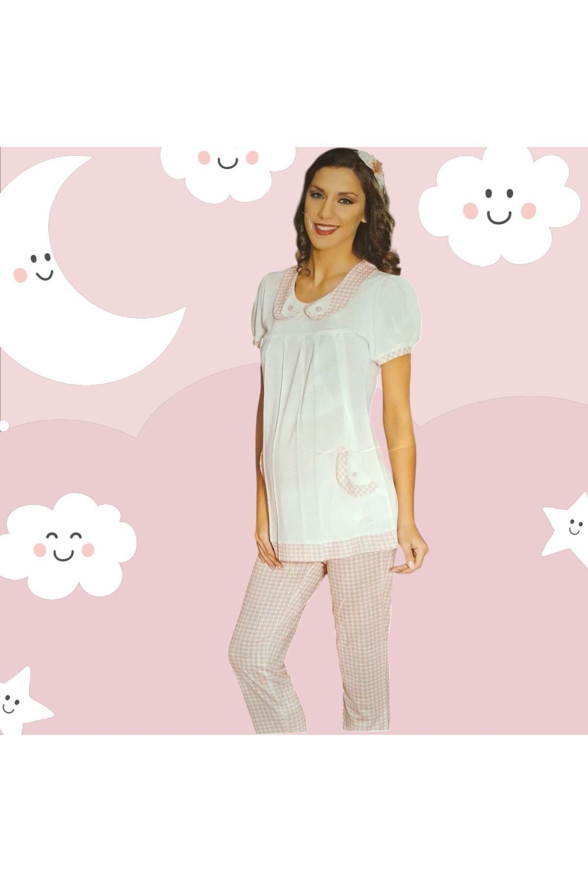 FLZ-Short Sleeve Maternity Pajama Set Ecru 1