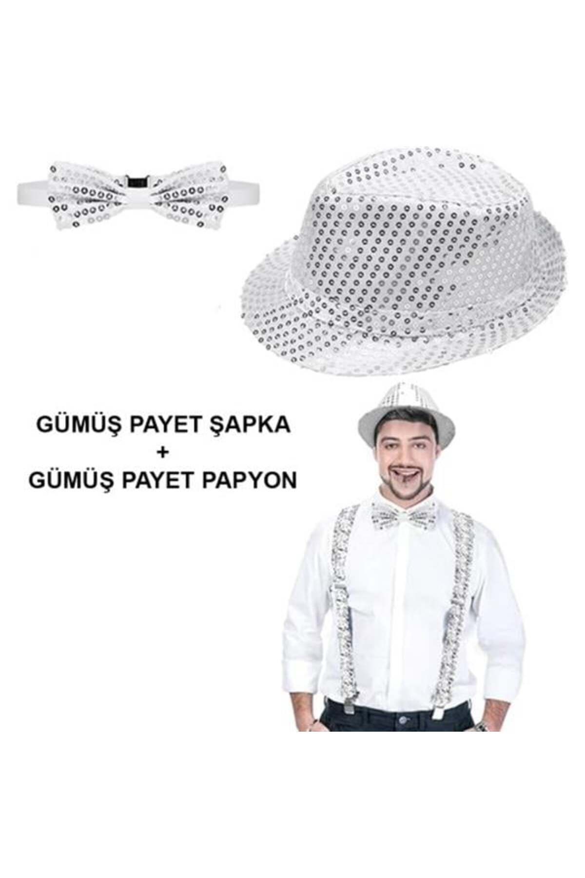 ÖYKÜ VE YİĞİT Gümüş Payetli Şapka Ve Papyon Seti – Parıltılı Yetişkin Kostüm Seti