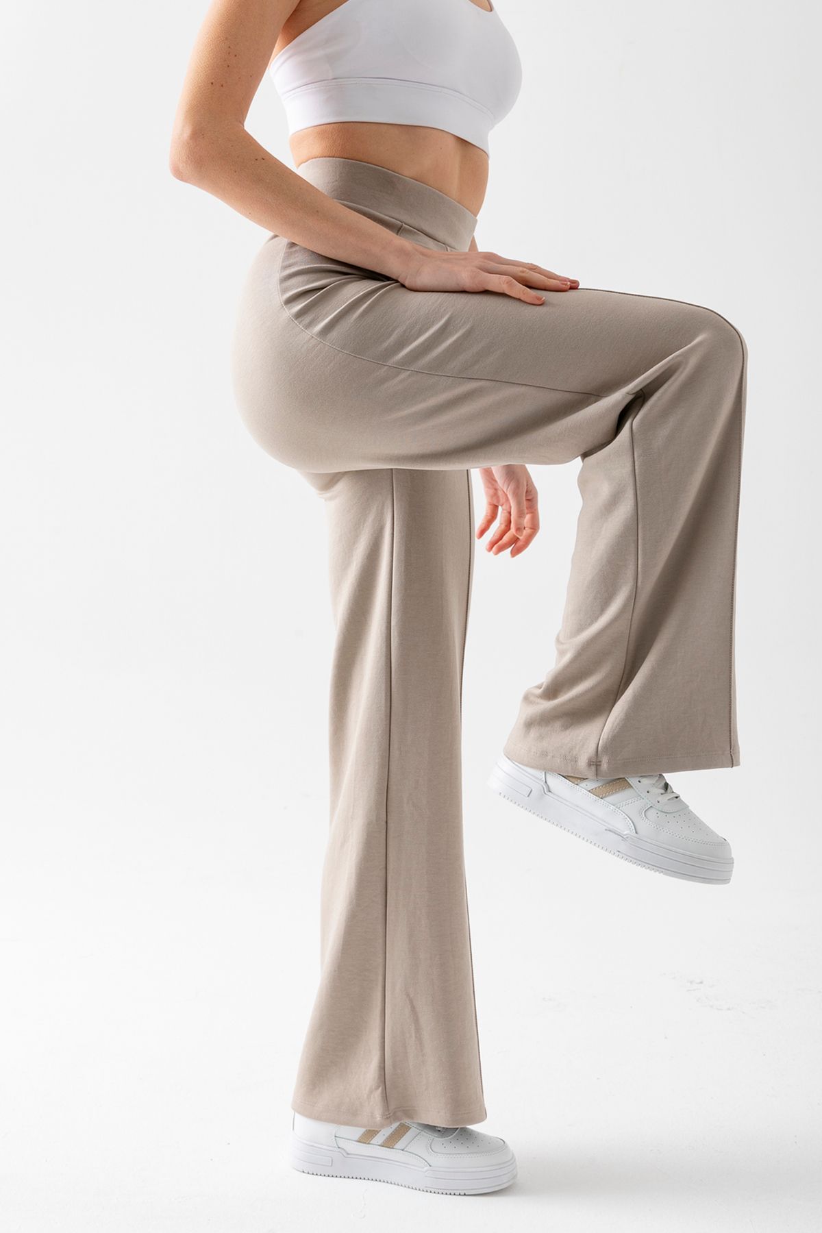 CNRCollection-Women's Stone Color Gathering Wide Fit Leg Modal Fabric Leggings Trousers 4