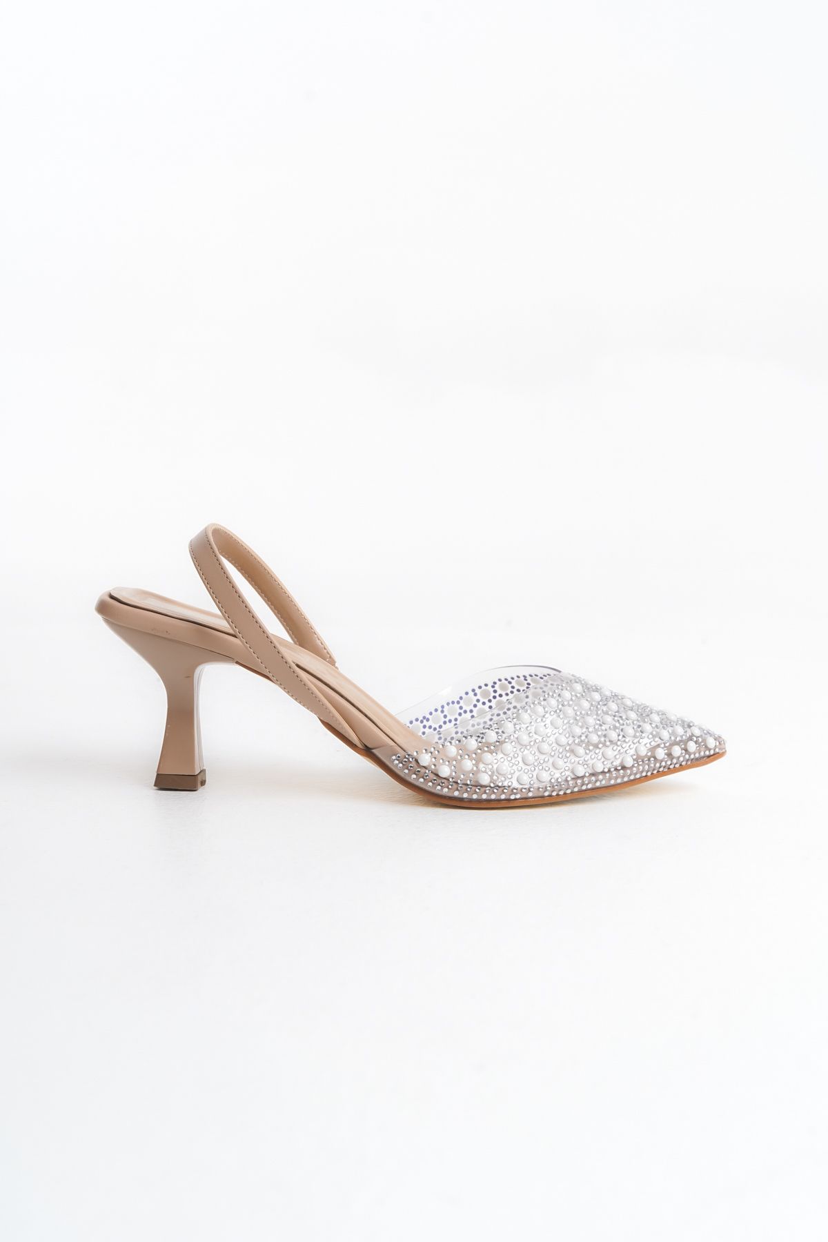 TRENDYOL SHOES-Beigefarbene Damen-Abendkleid-High-Heels aus Vinyl mit Perlendetails und offenem Rücken und Strasssteinen TAKSS25TO00007 5