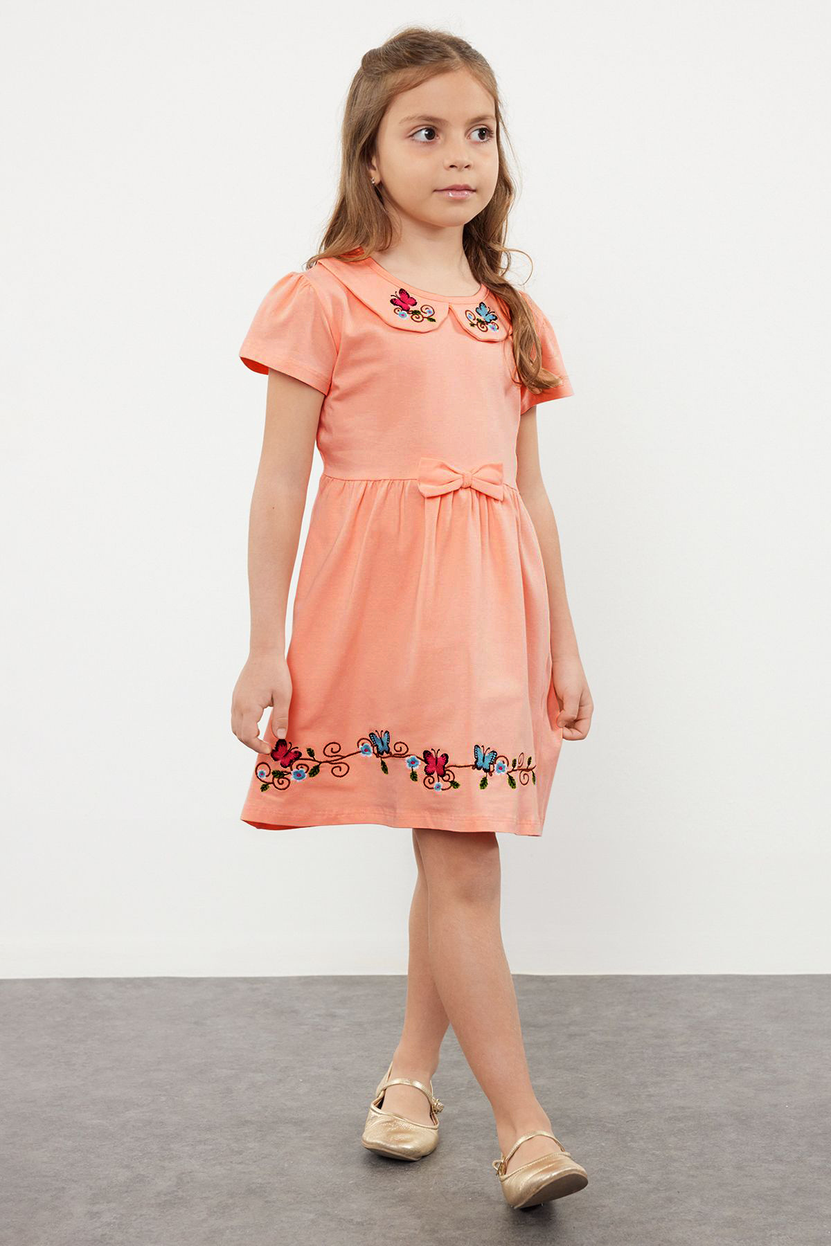 TRENDYOLKIDS Pink Girl Baby Collar Flower Pattern Knitted Dress Tkdss24El00021
