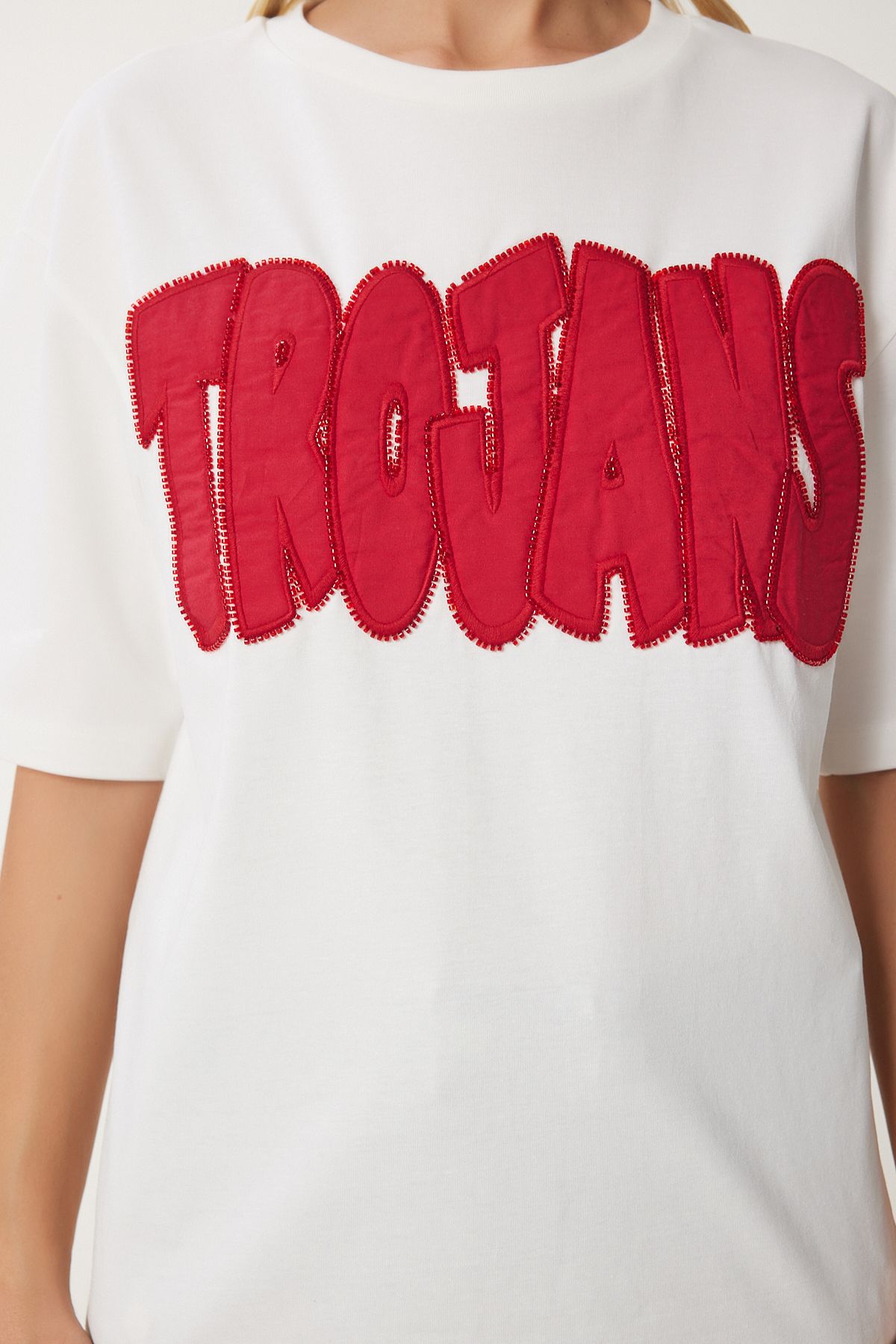 Happiness İstanbul-Damen-T-Shirt aus Baumwolle mit Slogan-Perlenstickerei in Ecru CR00463 6