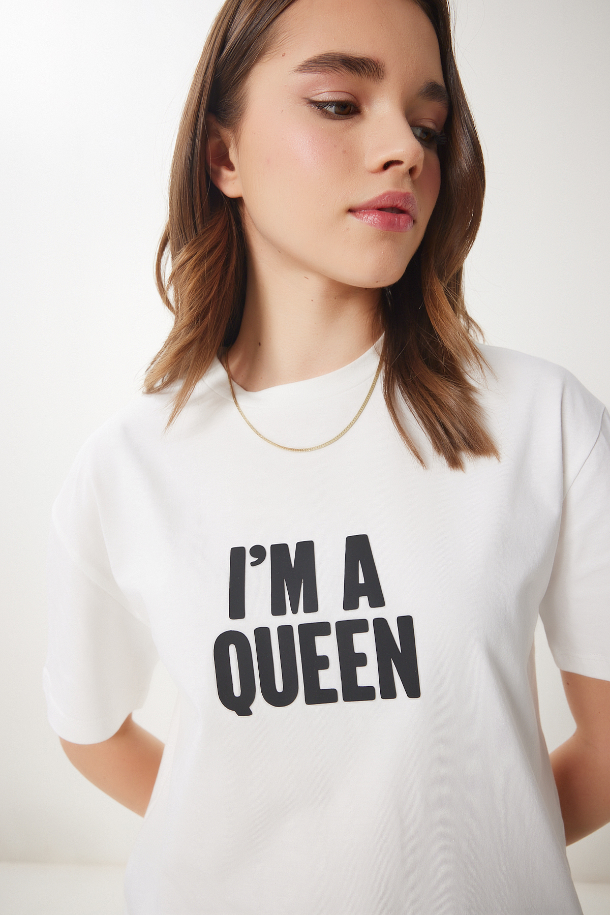 Happiness İstanbul  Kadın Ekru Sloganlı Örme T-Shirt CR00458