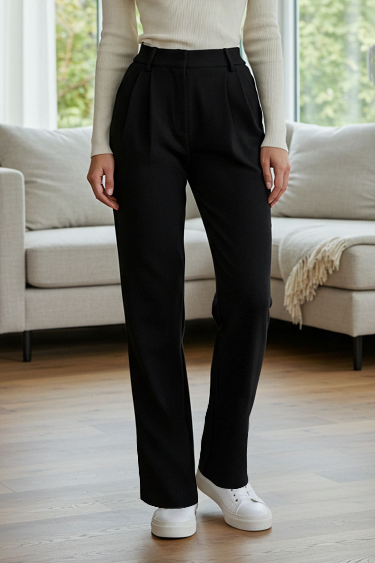Trendyol Collection-Schwarzer, gerade geschnittener, plissierter Stoff – Limited Edition-Hose TWOAW23PL00401 1