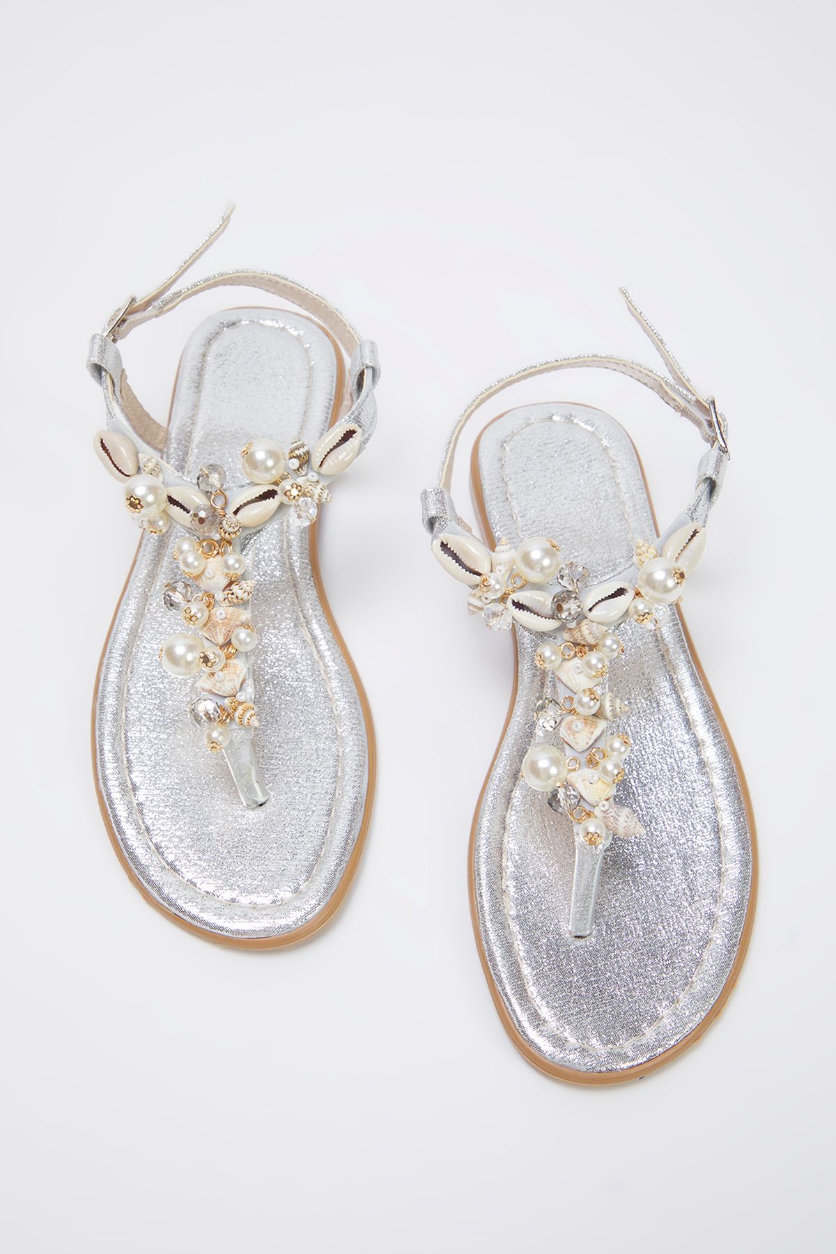 TRENDYOL SHOES Srebrne Sandały Damskie W Stylu Seashell Stoned Flip Flop Kobieta - 40