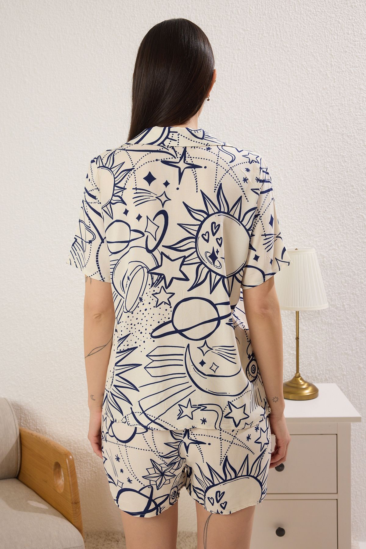 Trendyol Collection-Ecru Bohemian Galaxy Patterned Viscose Shorts Woven Pajama Set Thmss25Pt00314 4