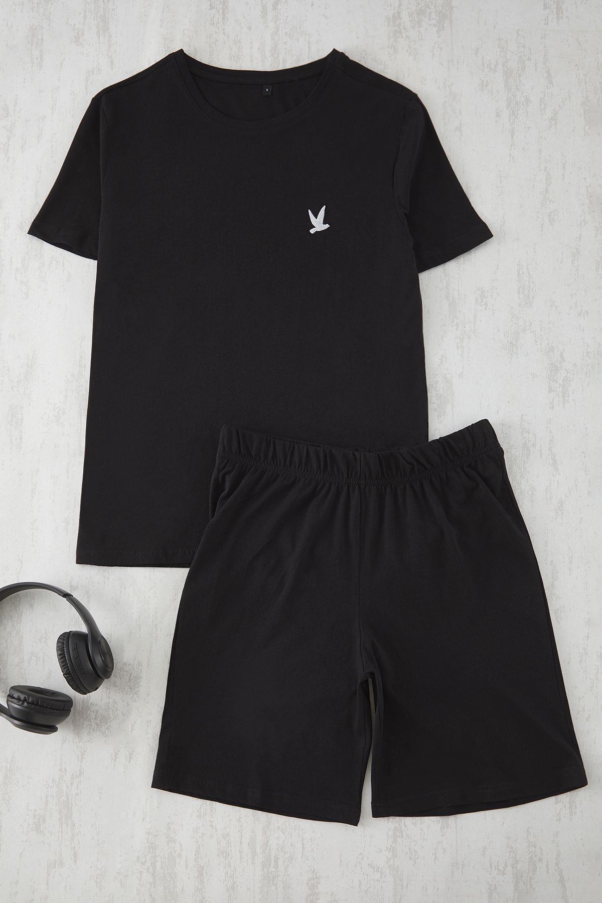 Trendyol Collection-Black Slim Fit Bird Embroidered Shorts Knitted Pajama Set Tmnss25Pt00073 5