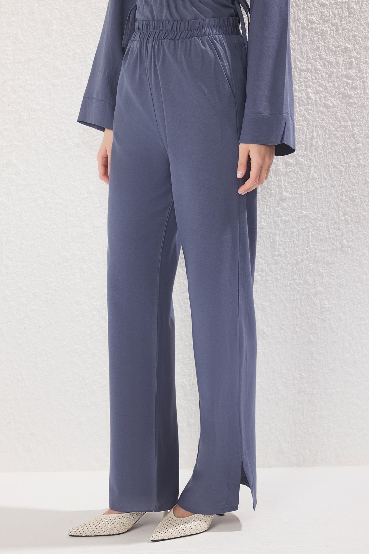 Trendyol Modest-Navy Blue Linen Blended Mother of Pearl Button Woven Bottom-Top Suit Tctss25Us00028 3