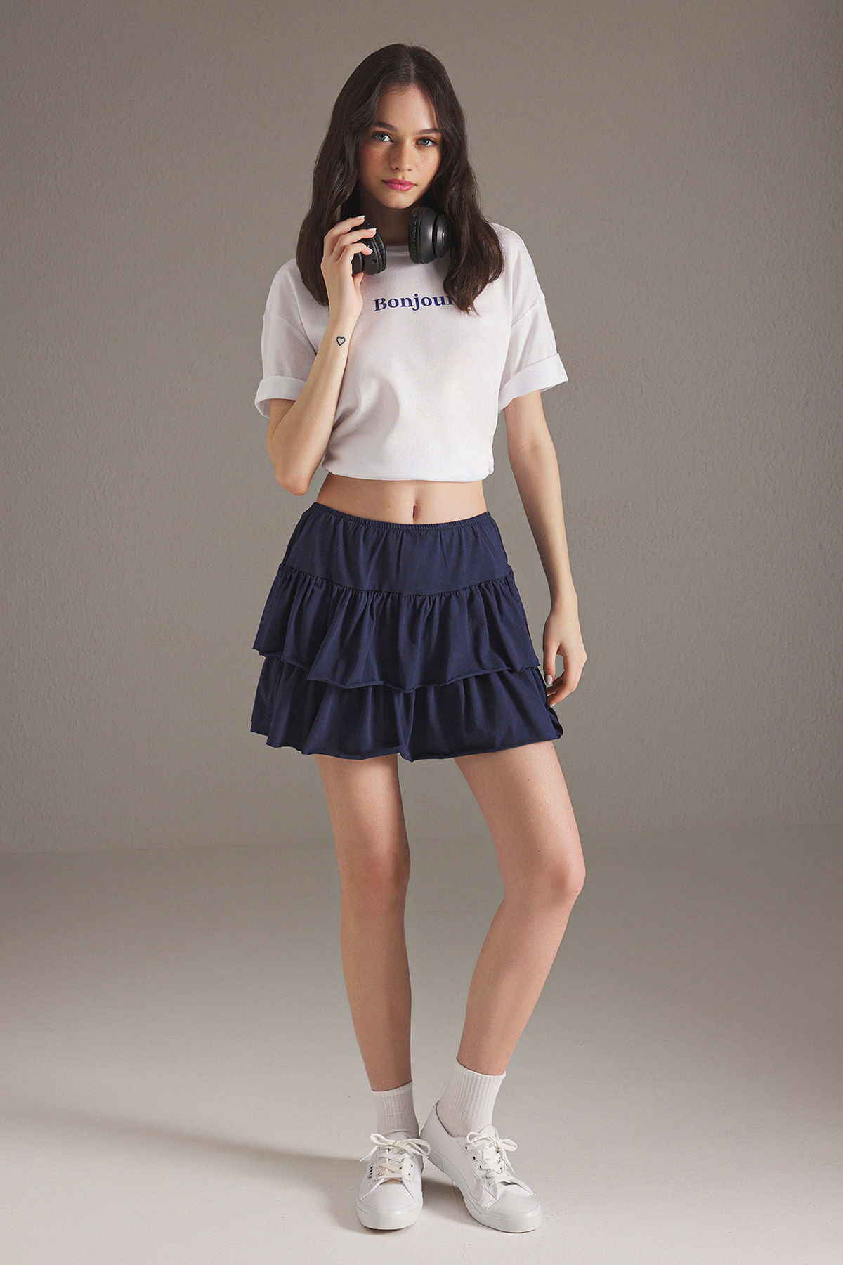 Trendyolmilla  Lacivert Eteği Fırfırlı Mini Esnek Örme Etek TWOSS25ET00086 - Görsel 2