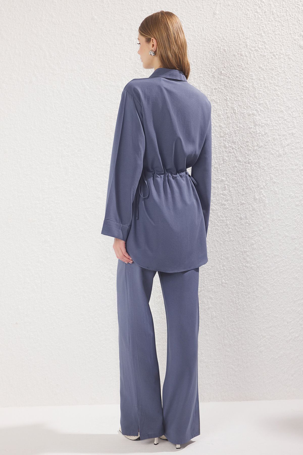Trendyol Modest-Navy Blue Linen Blended Mother of Pearl Button Woven Bottom-Top Suit Tctss25Us00028 4