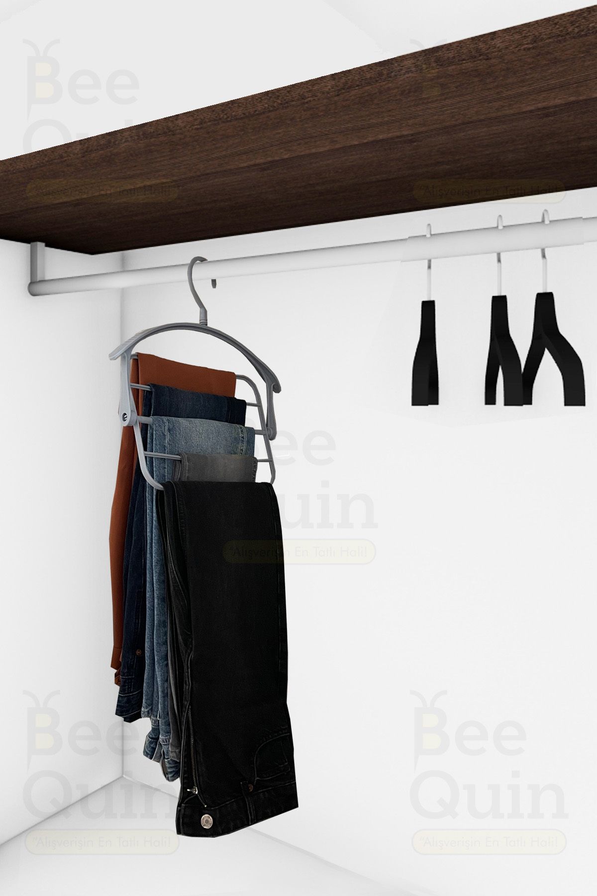 BeeQuin Pantolon Askısı Erkek  Askılık 5'li Beşli Beş 5 Katlı Hareketli Dolap İçi Yer Tasaruflu 4 Klipsli