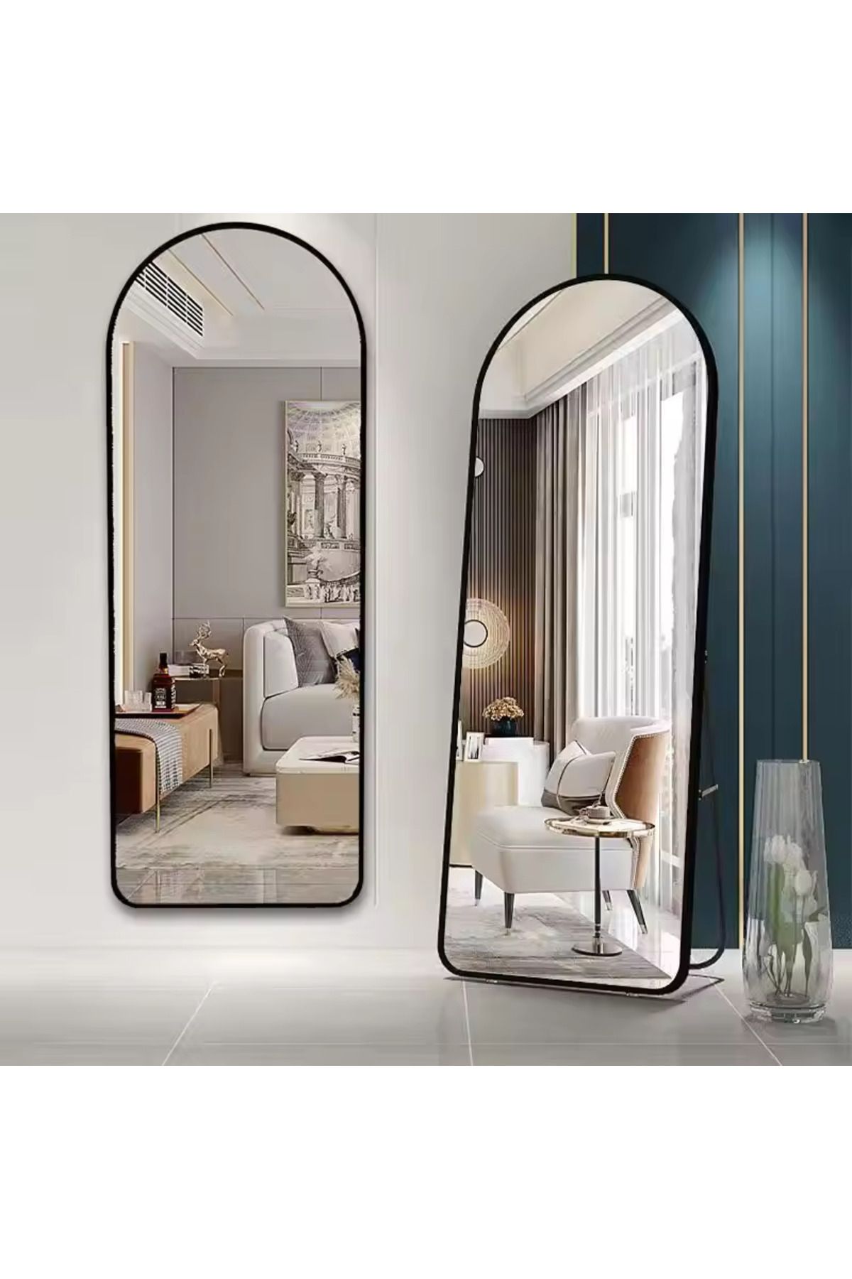 Generic-مرآة كاملة الطول بتصميم عصري مستطيلة مع انحناء دائري واطار معدني باللون الأسود مقاس 176x77سم 1