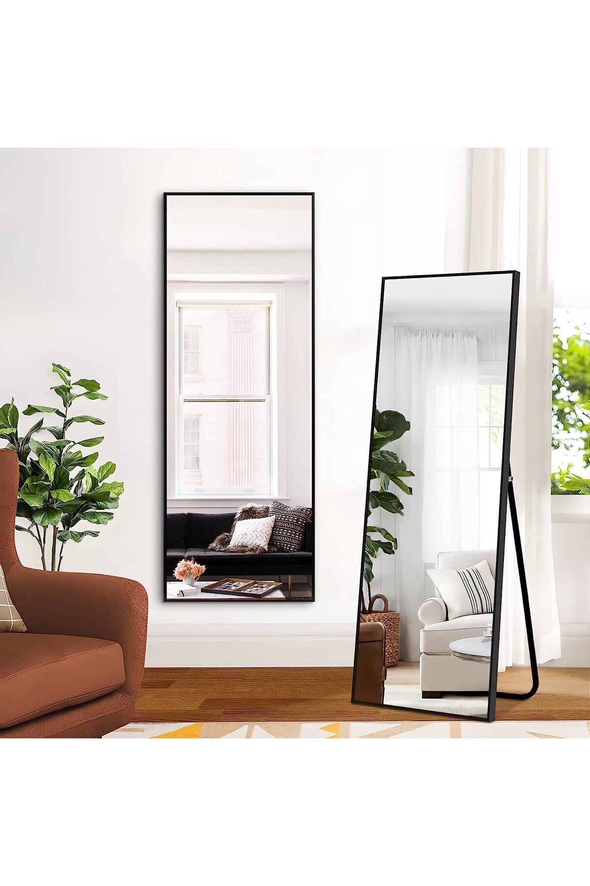 Generic ان زون مرآة مستطيلة حديثة كاملة الطول بإطار معدني أسود 160 × 50 سم