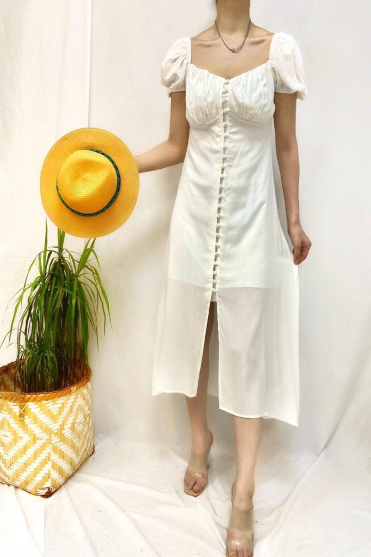 velmorafashion Beyaz Prenses Yaka Elbise