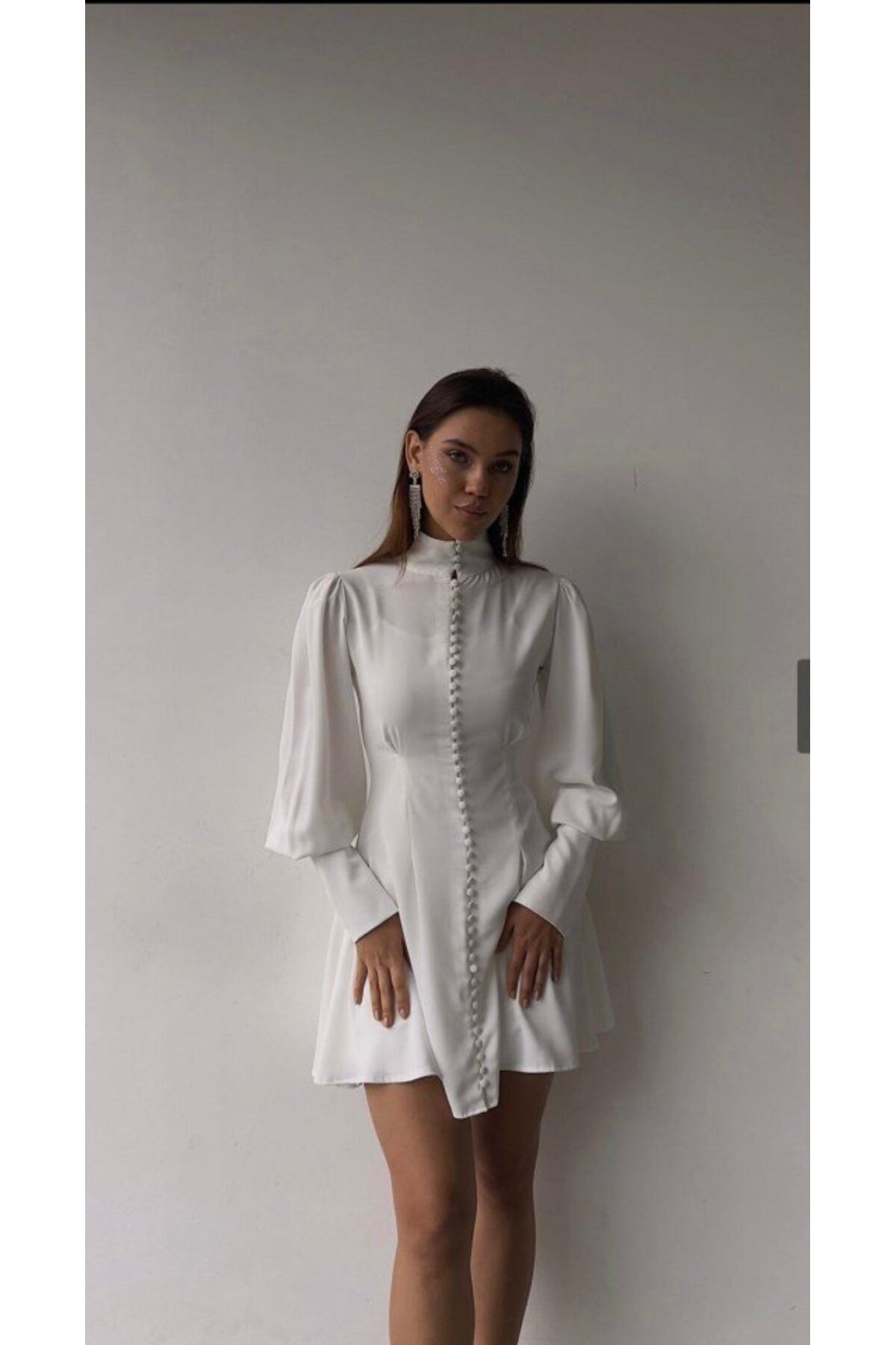 velmorafashion Beyaz Düğmeli Elbise