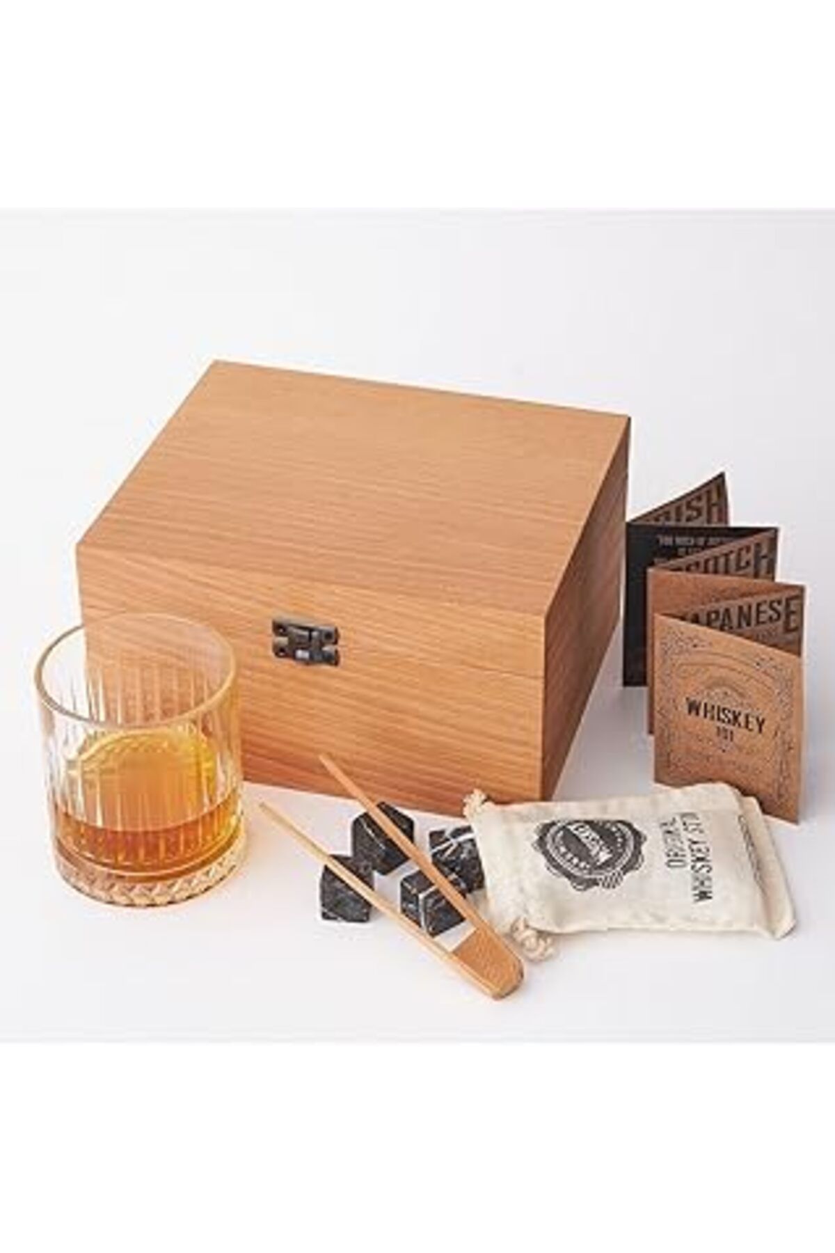 Mu Art Ahşap Hediyesepeti Kayın Ahşap Kutulu Viski Kadeh Viski Bardağı 4 Soğutucu Taş Seti Bambu Maşa