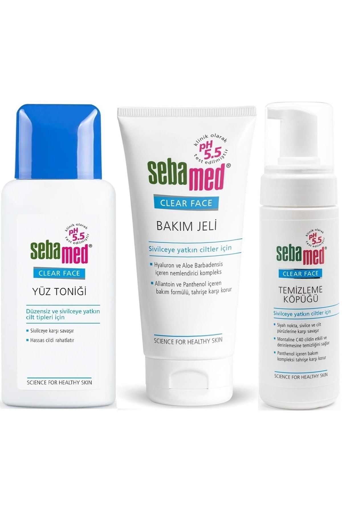 Sebamed Clear Face Temizleyici Yüz Toniği + Bakım Jeli + Yüz Temizleme Köpüğü Top:350ML (Avantaj PK)