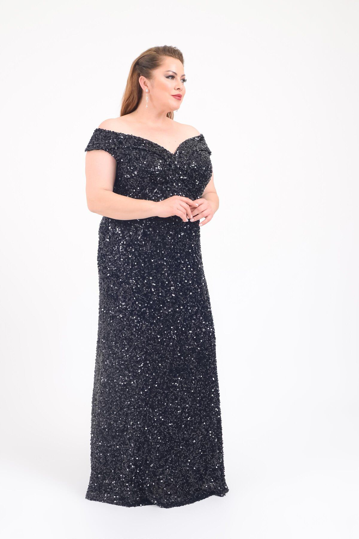 LİLAS XXL-Black Sequined Long Plus Size Evening Dress 4