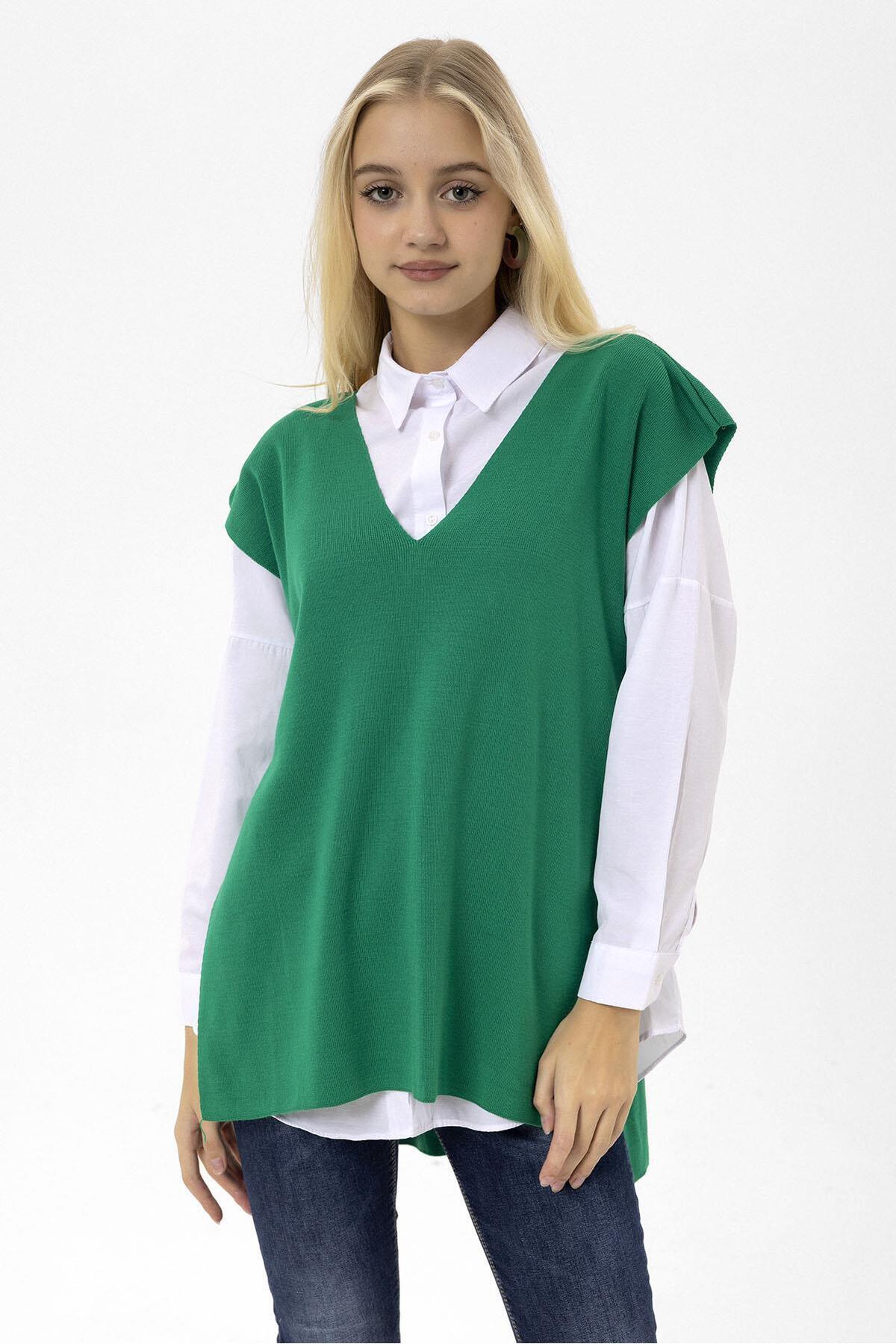 Women's V-Neck Belted Long Knitwear Sweater 235088 -