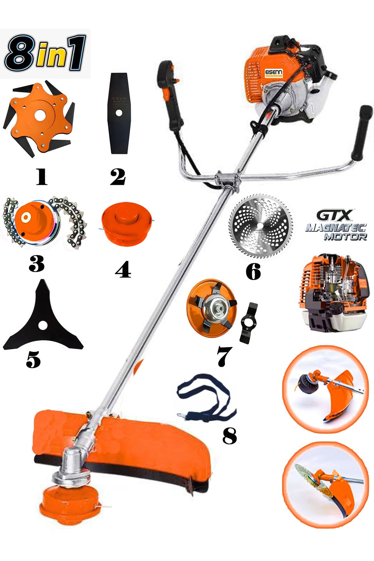 Eisenn Alman JET-F30 Yan Tırpan 8 İn 1 FULL Set Hediyeli Benzinli Motorlu Ot Çalı Çim Biçme Makinesi