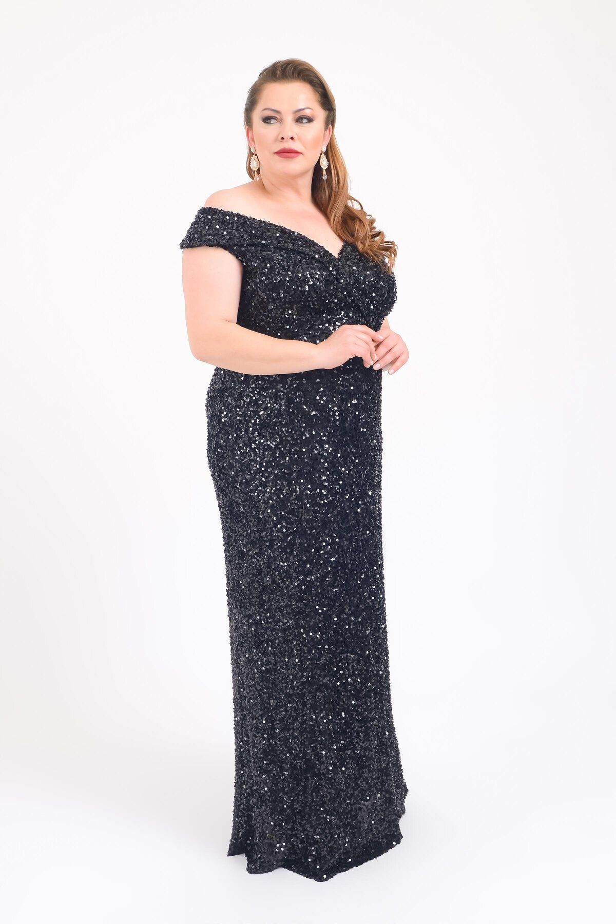 LİLAS XXL-Black Sequined Long Plus Size Evening Dress 5