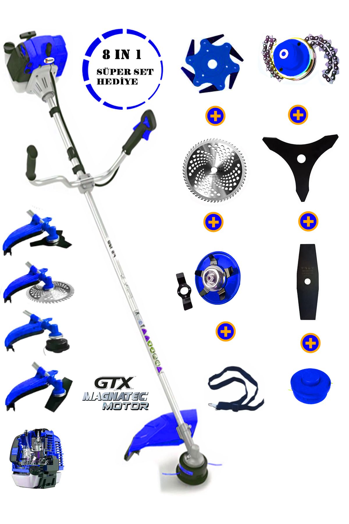 Wacker Pro Alman WR-591 FULL Set 8 İn 1 Yan Tipi Benzinli Motorlu Ot Çalı Tırpanı Çim Biçme Makinesi