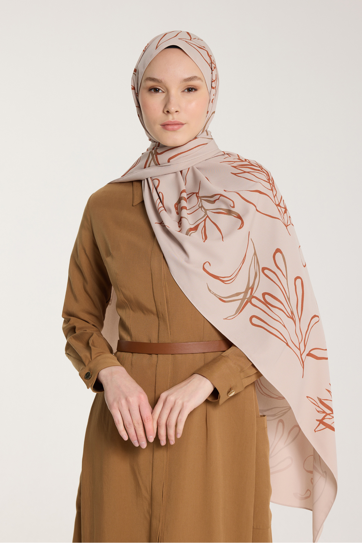 PURESCARFS-Pure Tone Shawl - Leaf Pattern - Stone - Tan 2