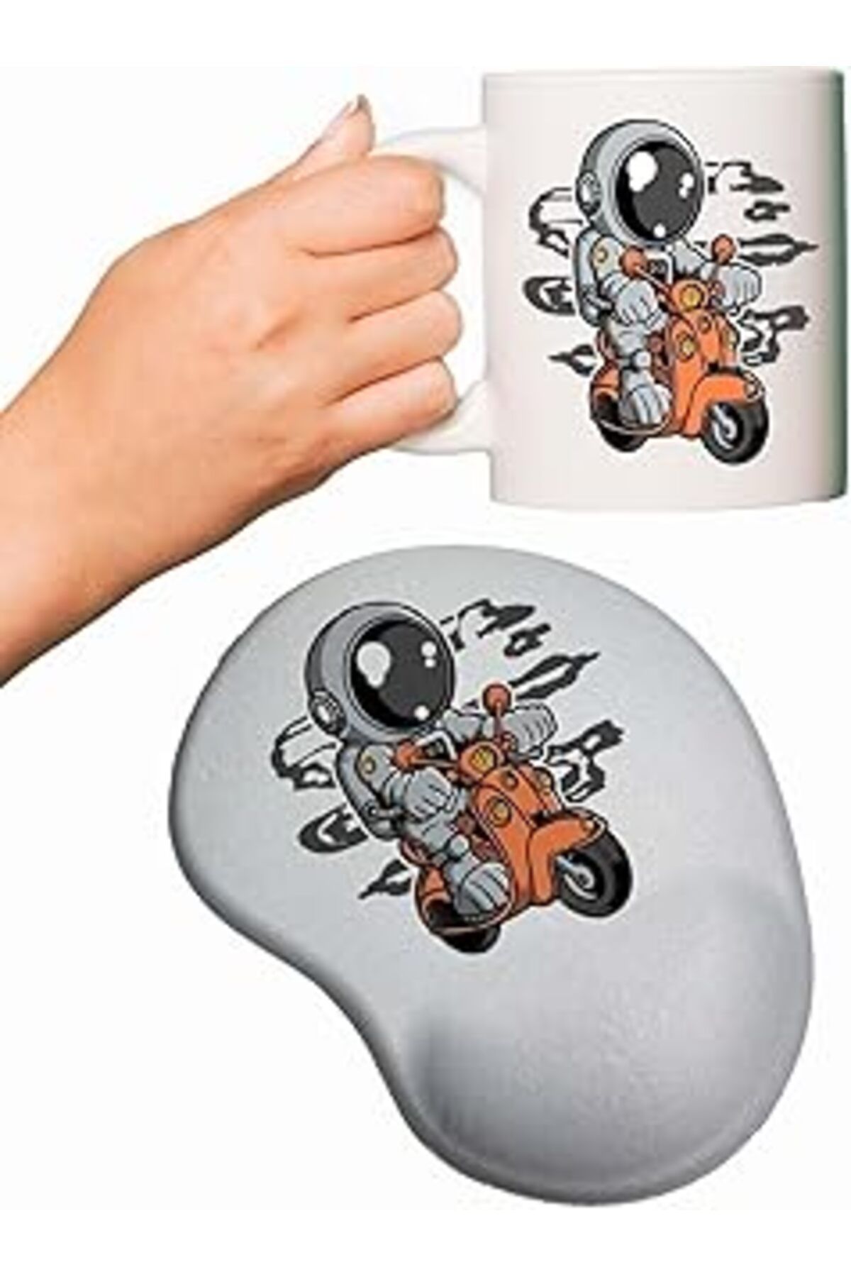 Mu Art Ahşap Rakkun Shop Motorlu Astronot Baskılı Bilek Destekli Mouse Pad + Kupa Bardak Mug