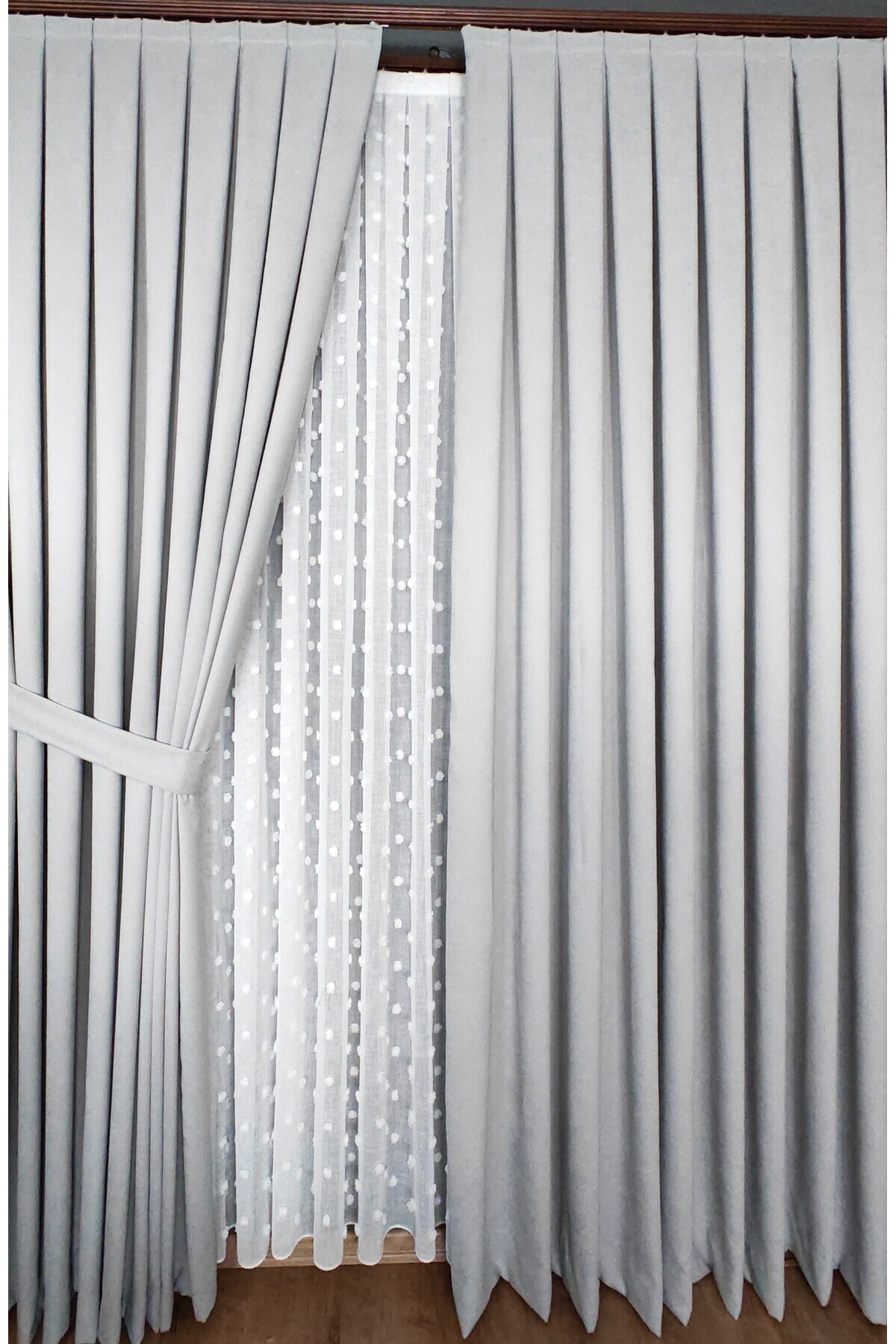Yuka-Gray Velvet Textured Solid Color Background Curtain, 1/3 Dense Pleated Weight 7